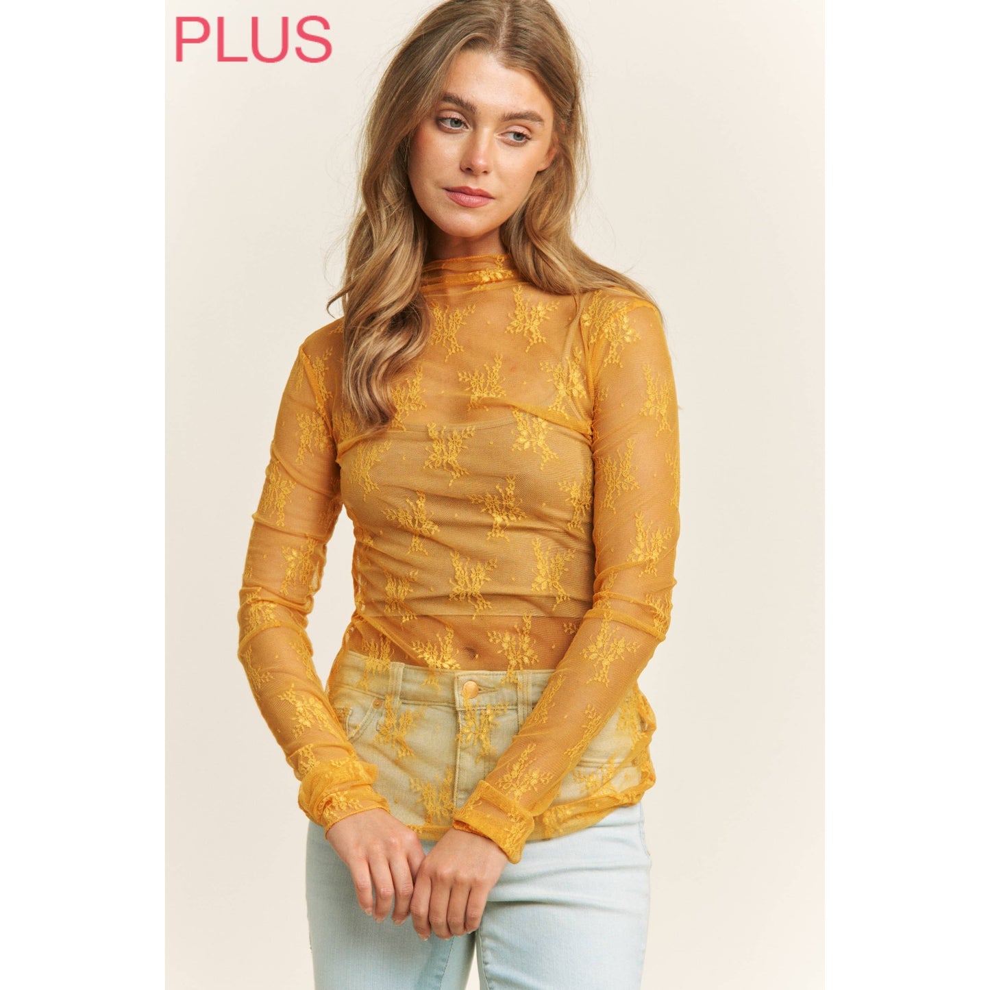 PLUS MESH LACE HIGH NECK DESIGN LONG SLEEVE FITTED TOP