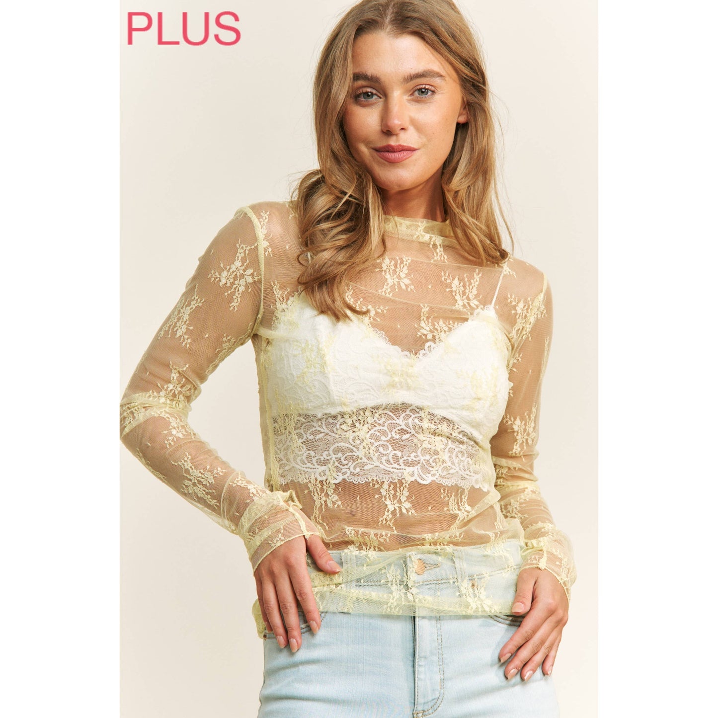 PLUS MESH LACE HIGH NECK DESIGN LONG SLEEVE FITTED TOP
