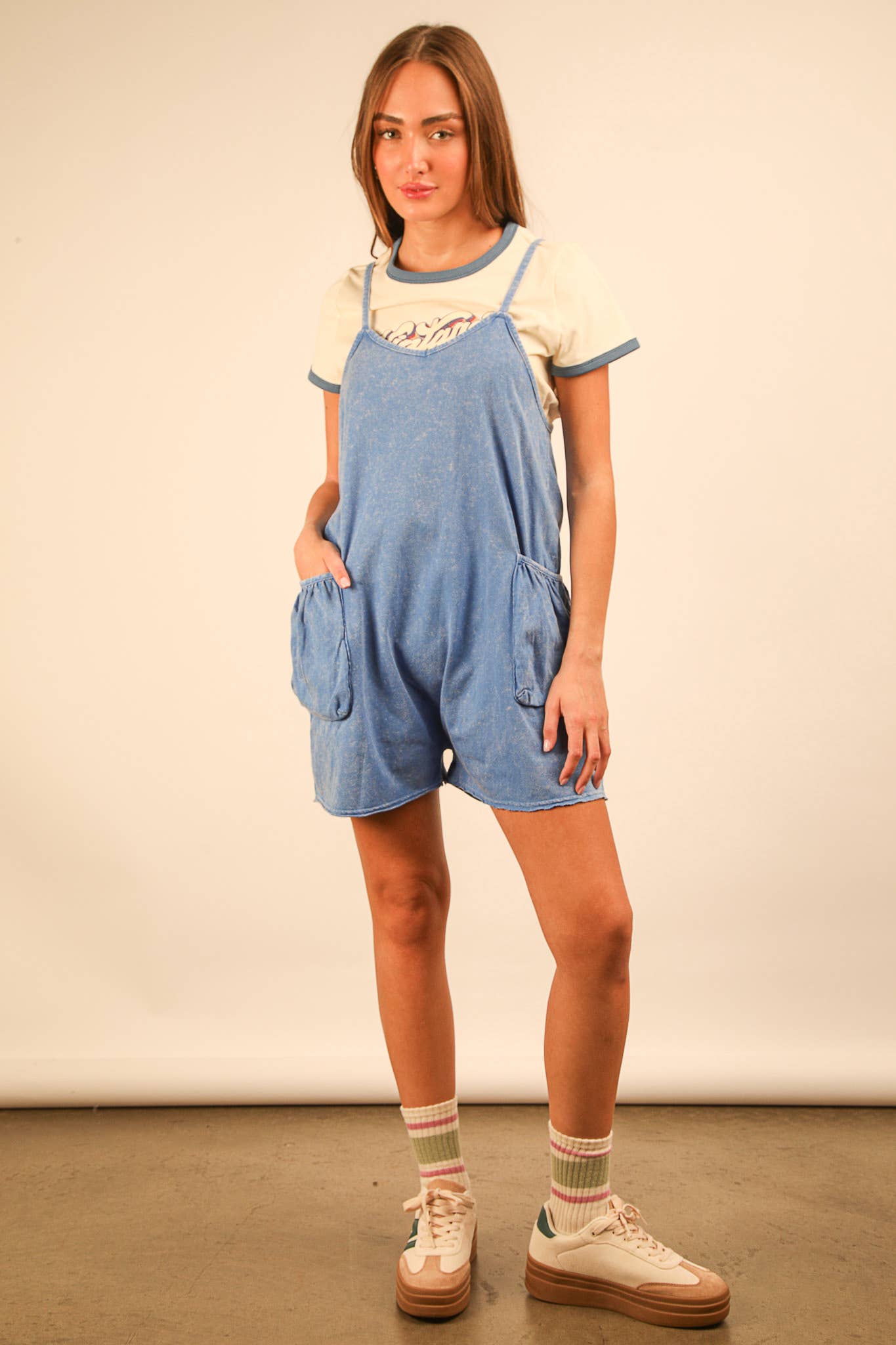 NP70359-Mineral Washed Sleeveless Casual Knit Romper