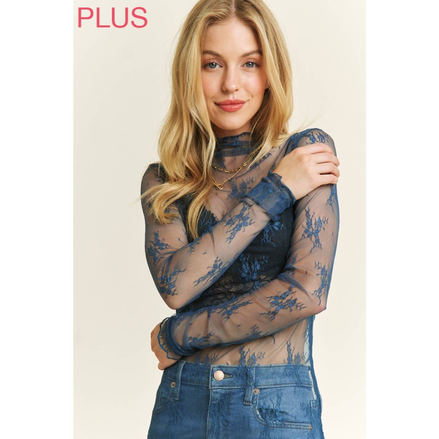 PLUS MESH LACE HIGH NECK DESIGN LONG SLEEVE FITTED TOP