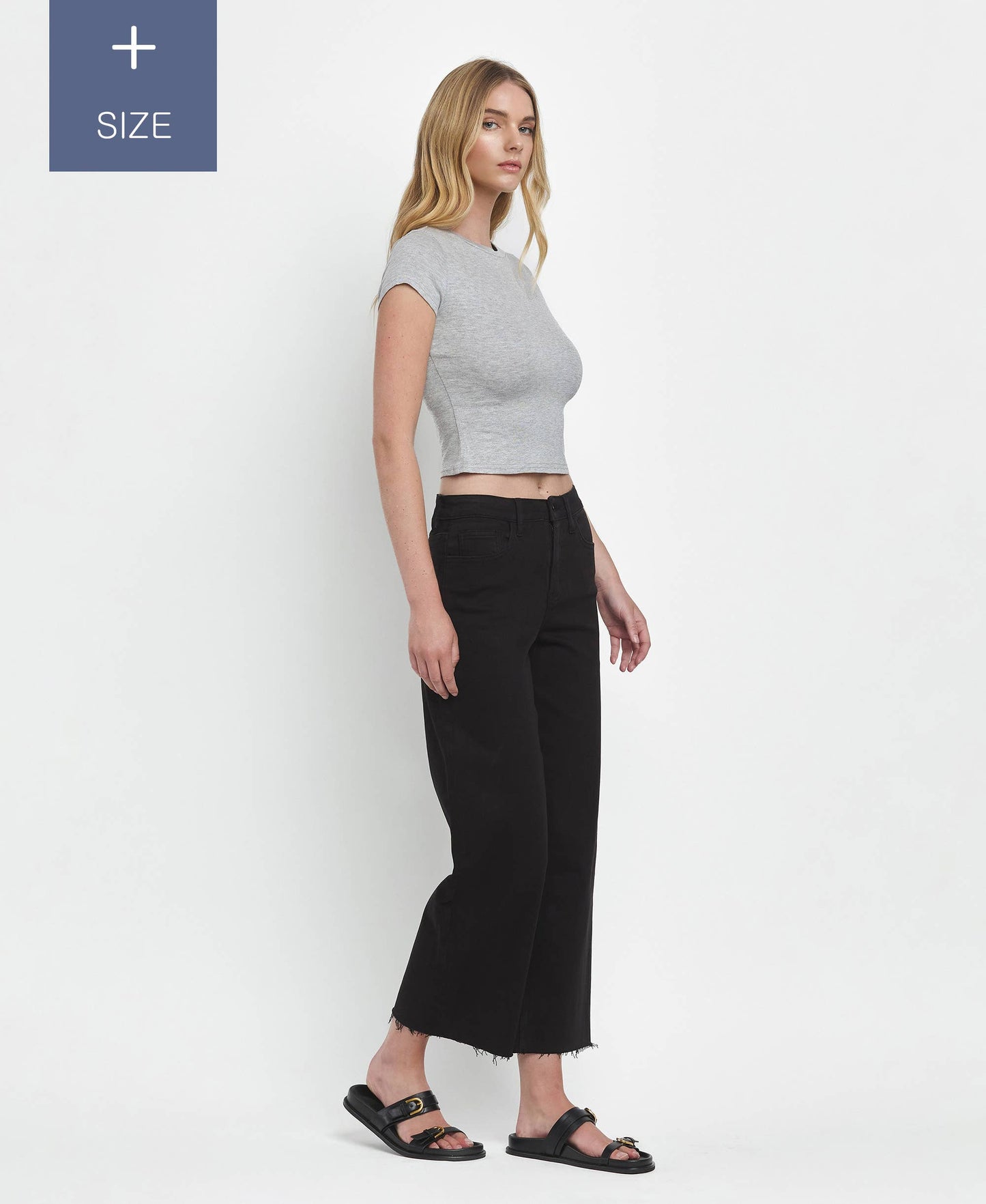 PLUS SIZE HIGH RISE CROP WIDE LEG JEANS T5894BK-P