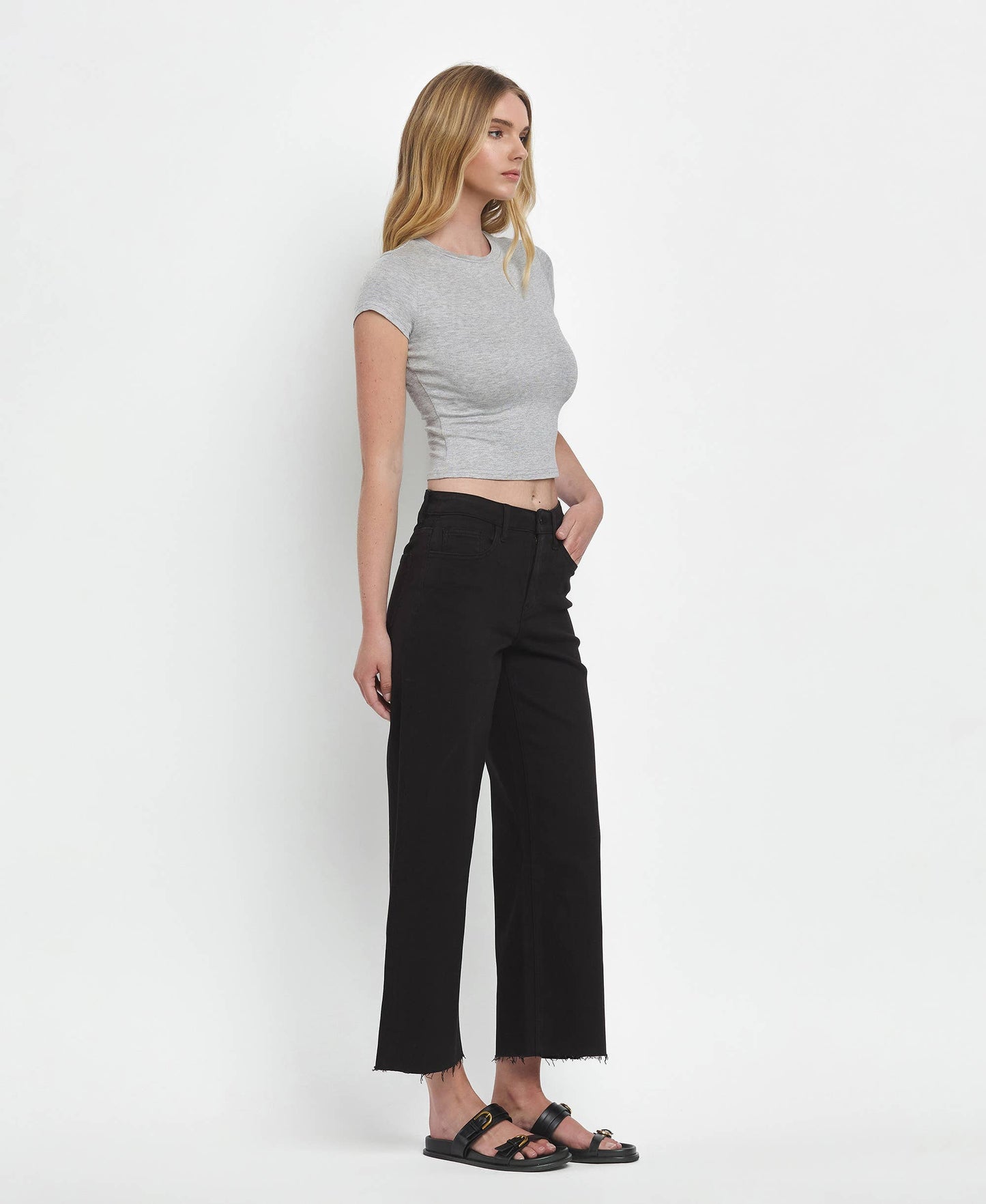 HIGH RISE CROP WIDE LEG JEANS T5894BK