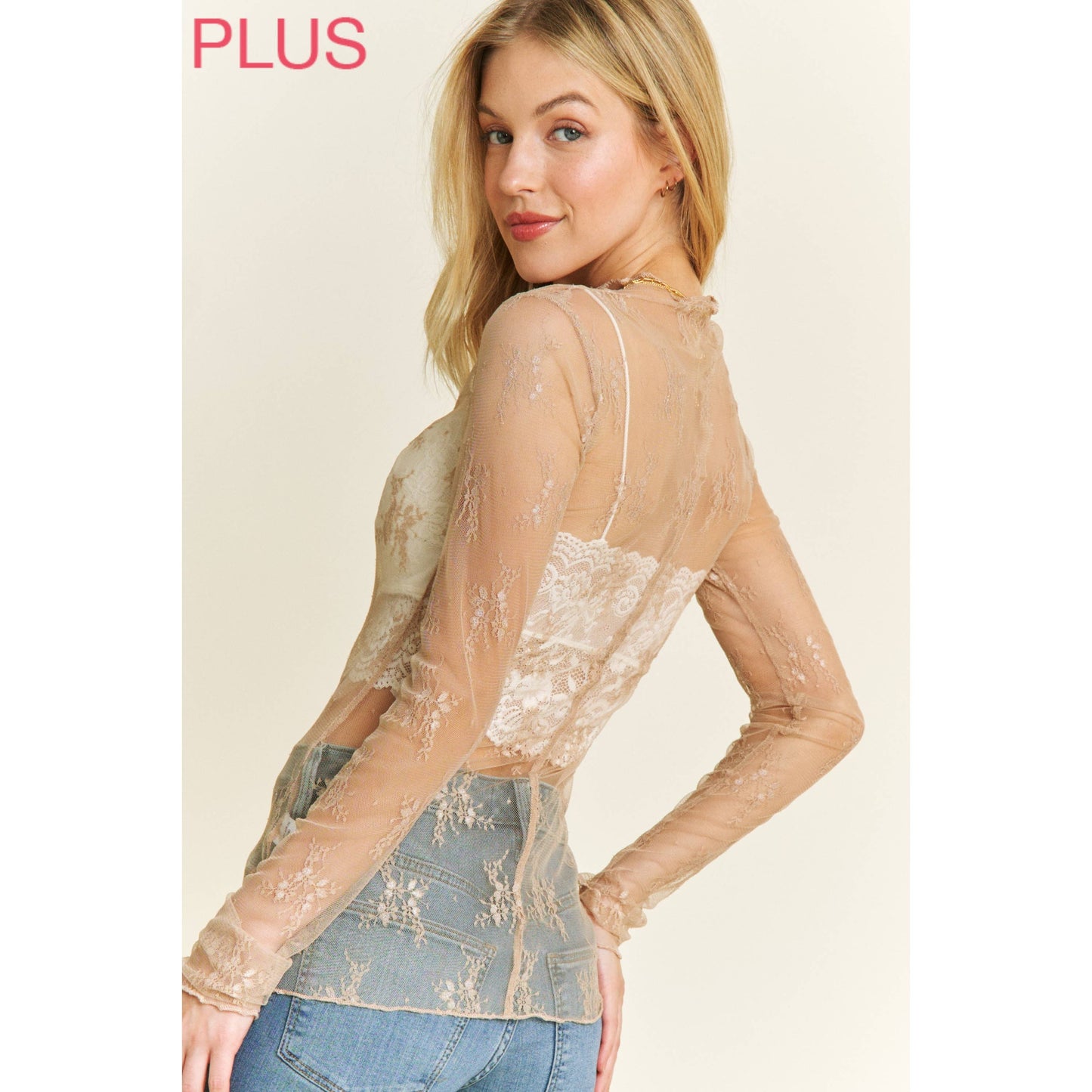 PLUS MESH LACE HIGH NECK DESIGN LONG SLEEVE FITTED TOP