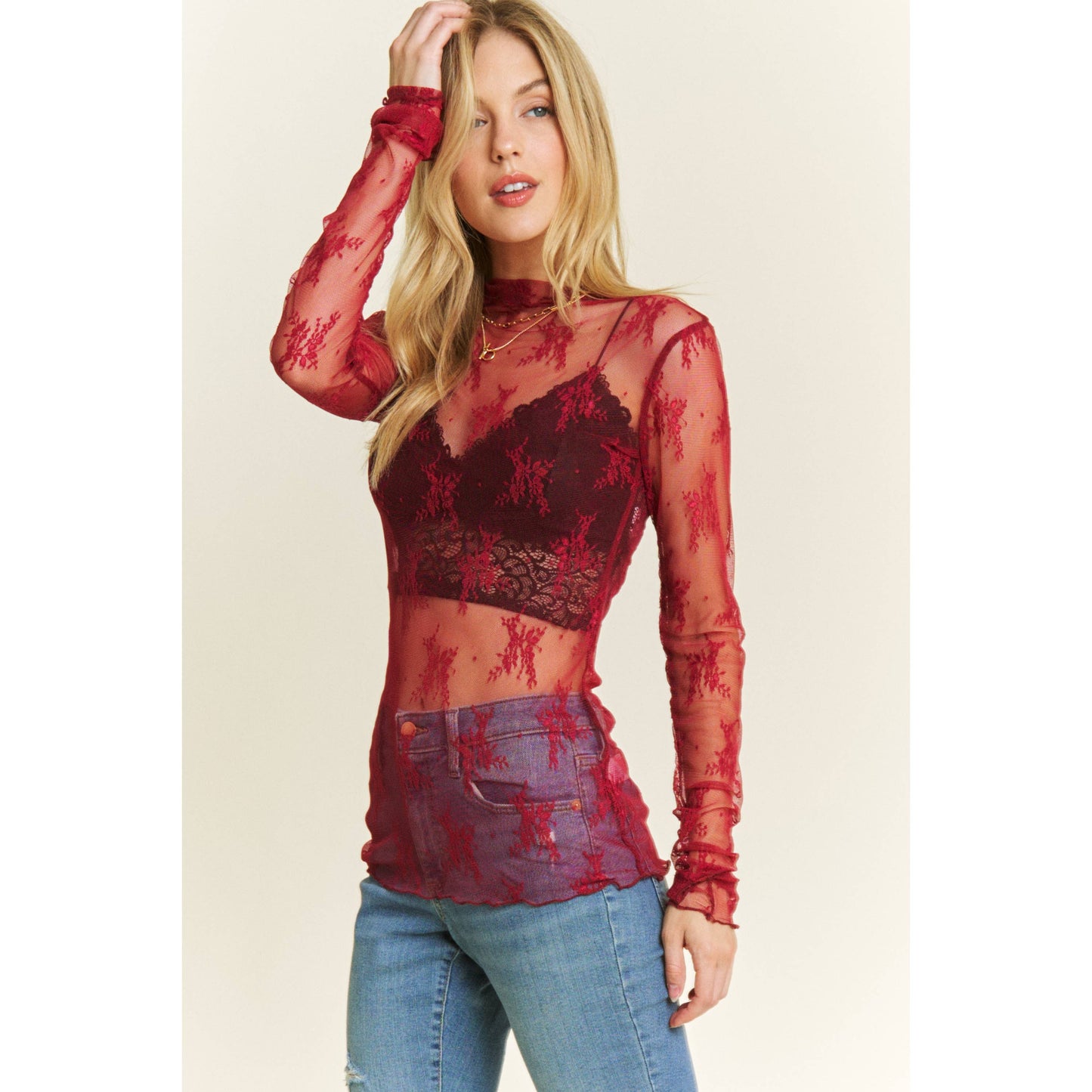 MESH LACE HIGH NECK DESIGN LONG SLEEVE FITTED TOP