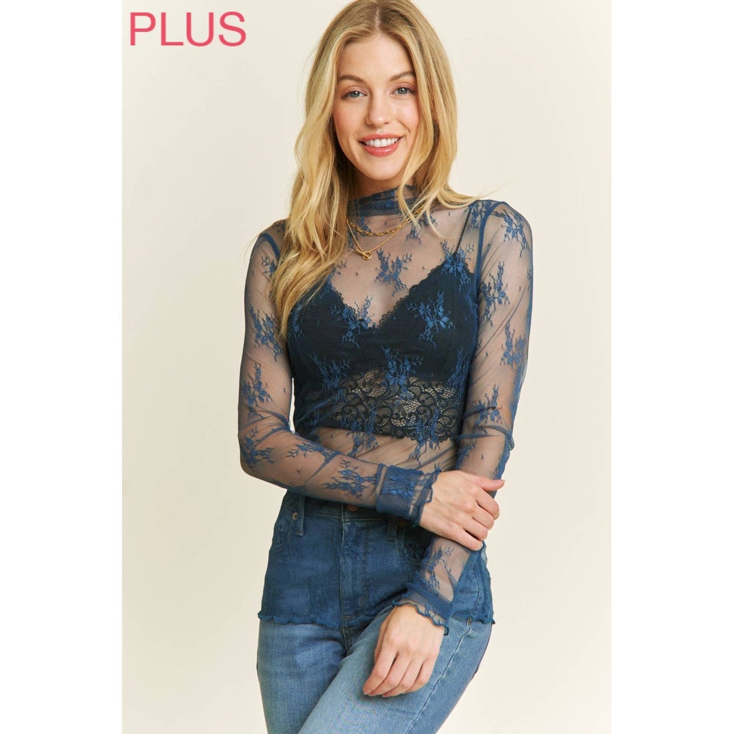 PLUS MESH LACE HIGH NECK DESIGN LONG SLEEVE FITTED TOP