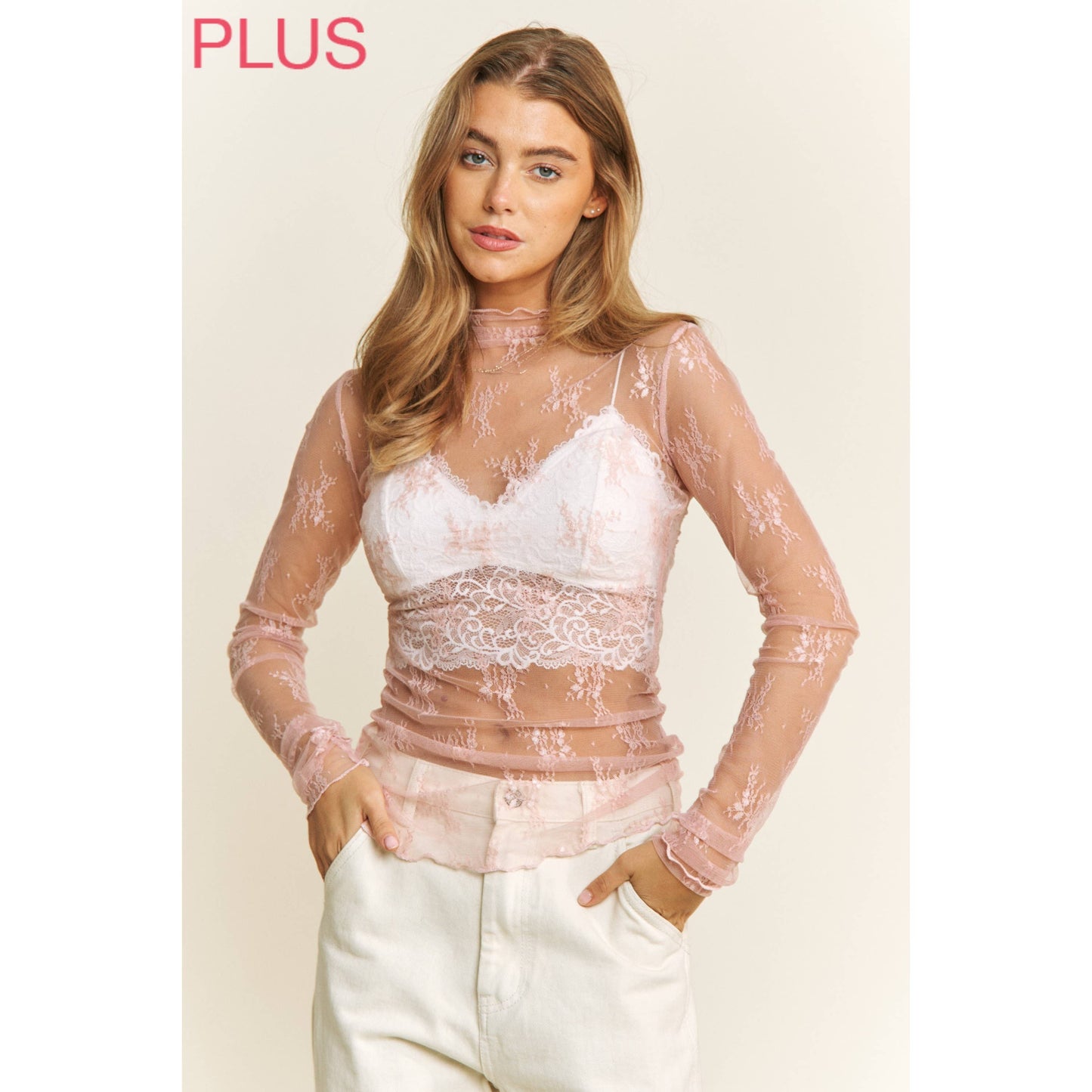 PLUS MESH LACE HIGH NECK DESIGN LONG SLEEVE FITTED TOP