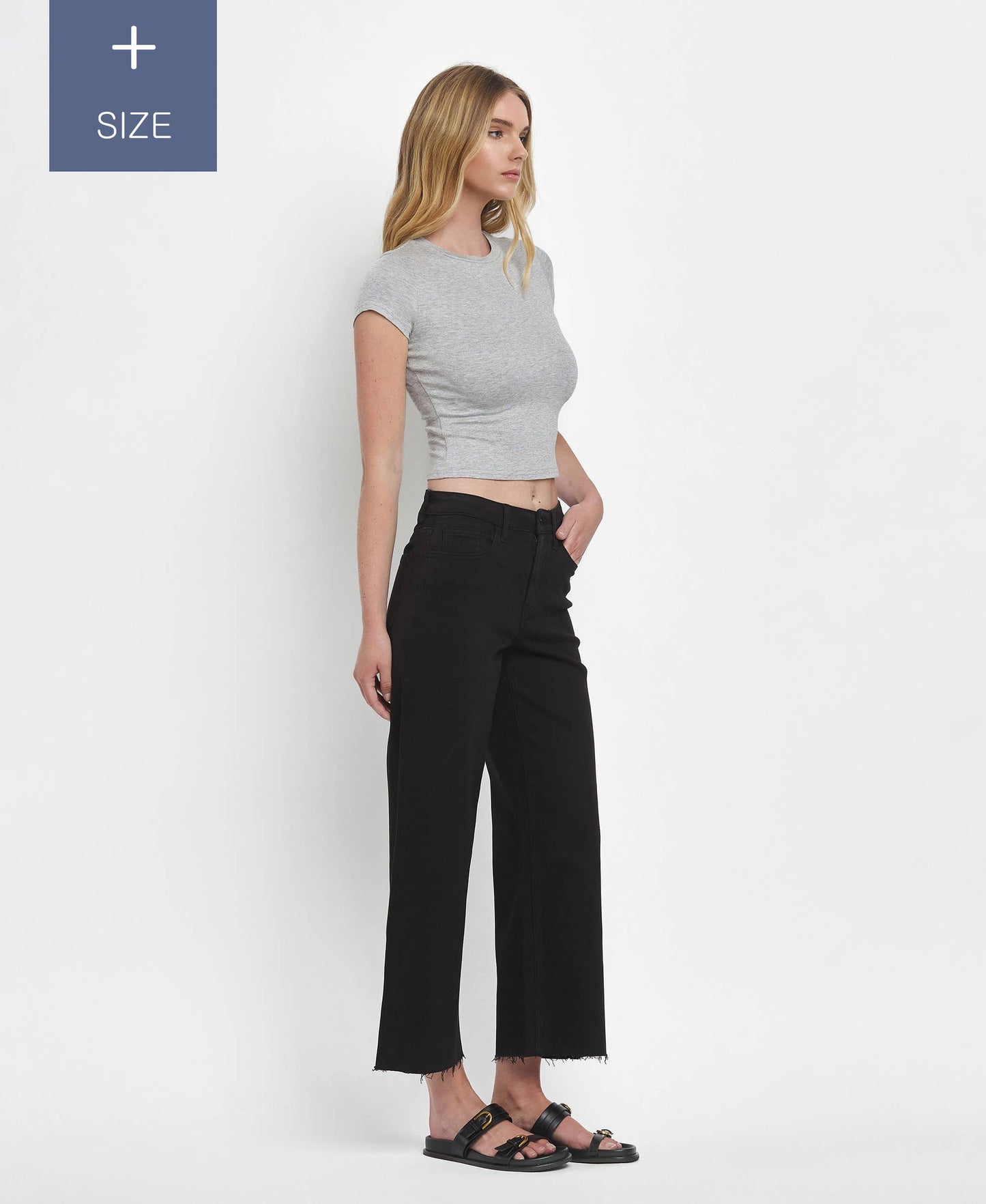 PLUS SIZE HIGH RISE CROP WIDE LEG JEANS T5894BK-P