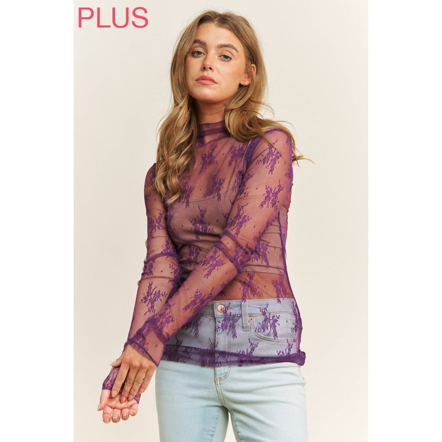 PLUS MESH LACE HIGH NECK DESIGN LONG SLEEVE FITTED TOP