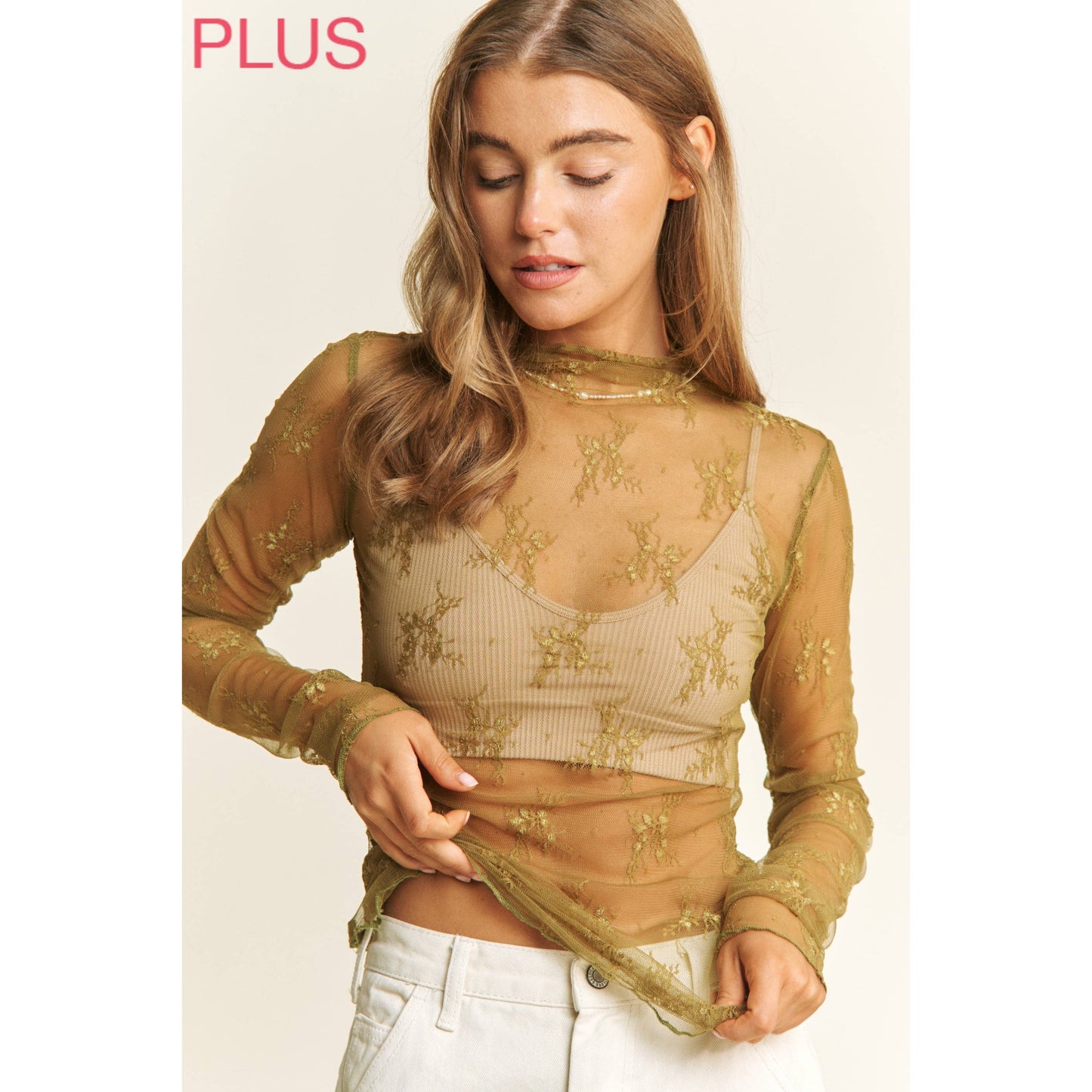 PLUS MESH LACE HIGH NECK DESIGN LONG SLEEVE FITTED TOP