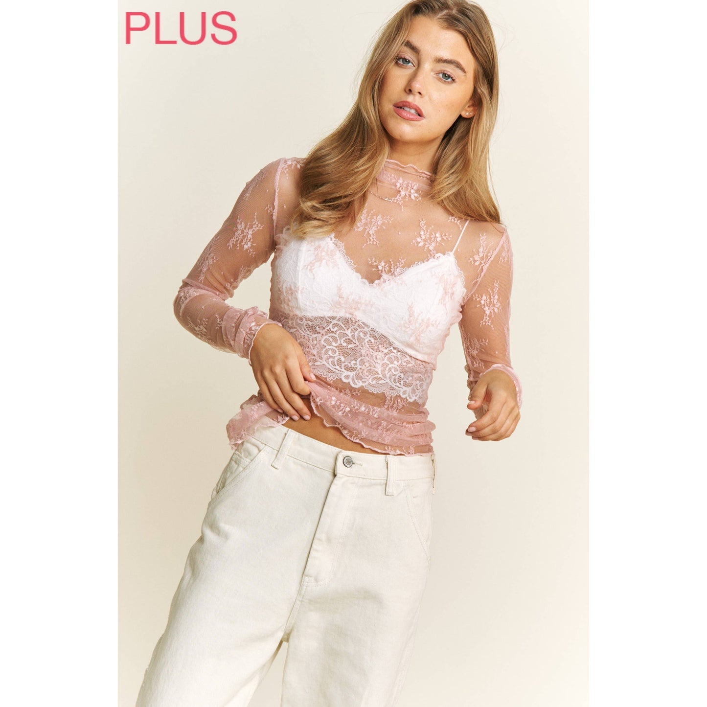 PLUS MESH LACE HIGH NECK DESIGN LONG SLEEVE FITTED TOP
