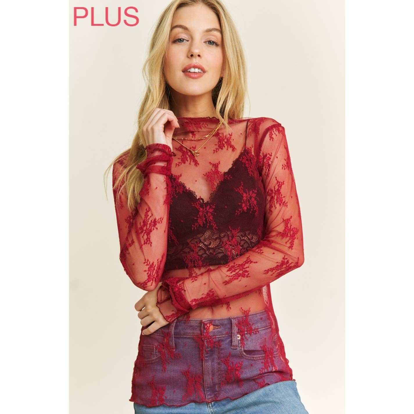 PLUS MESH LACE HIGH NECK DESIGN LONG SLEEVE FITTED TOP
