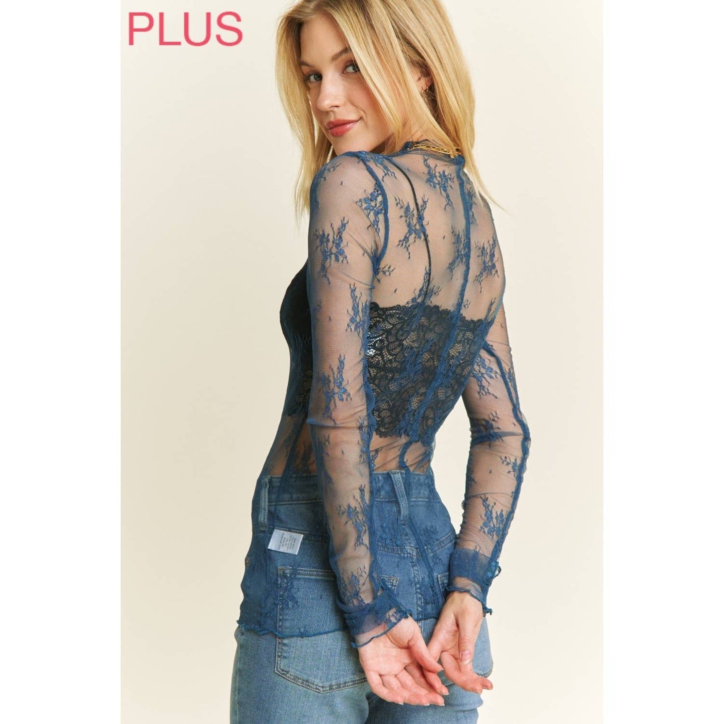 PLUS MESH LACE HIGH NECK DESIGN LONG SLEEVE FITTED TOP