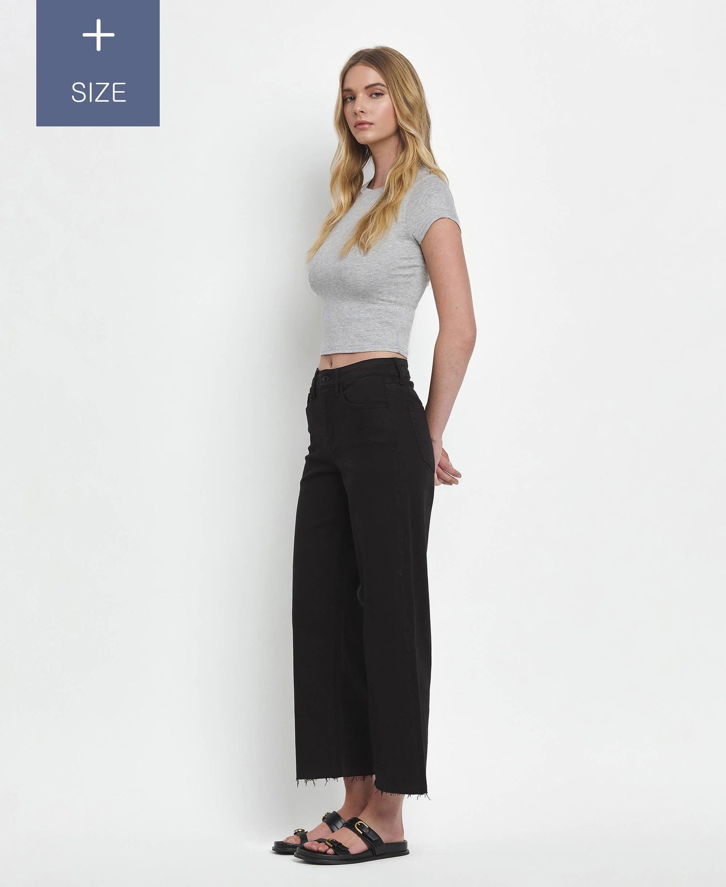 PLUS SIZE HIGH RISE CROP WIDE LEG JEANS T5894BK-P