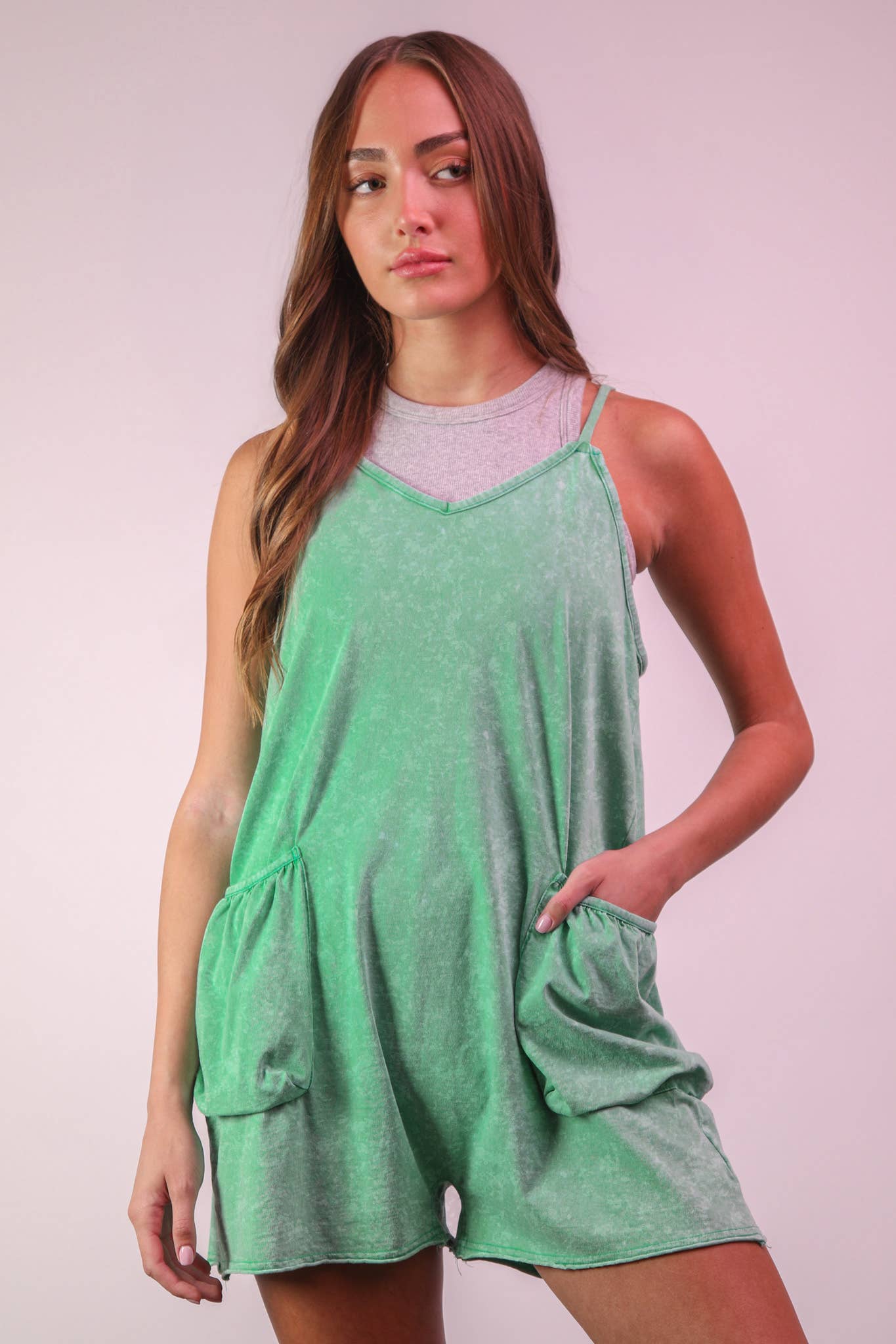 NP70359-Mineral Washed Sleeveless Casual Knit Romper