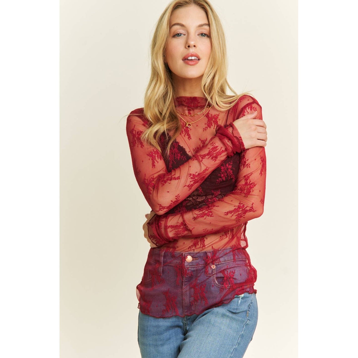 MESH LACE HIGH NECK DESIGN LONG SLEEVE FITTED TOP