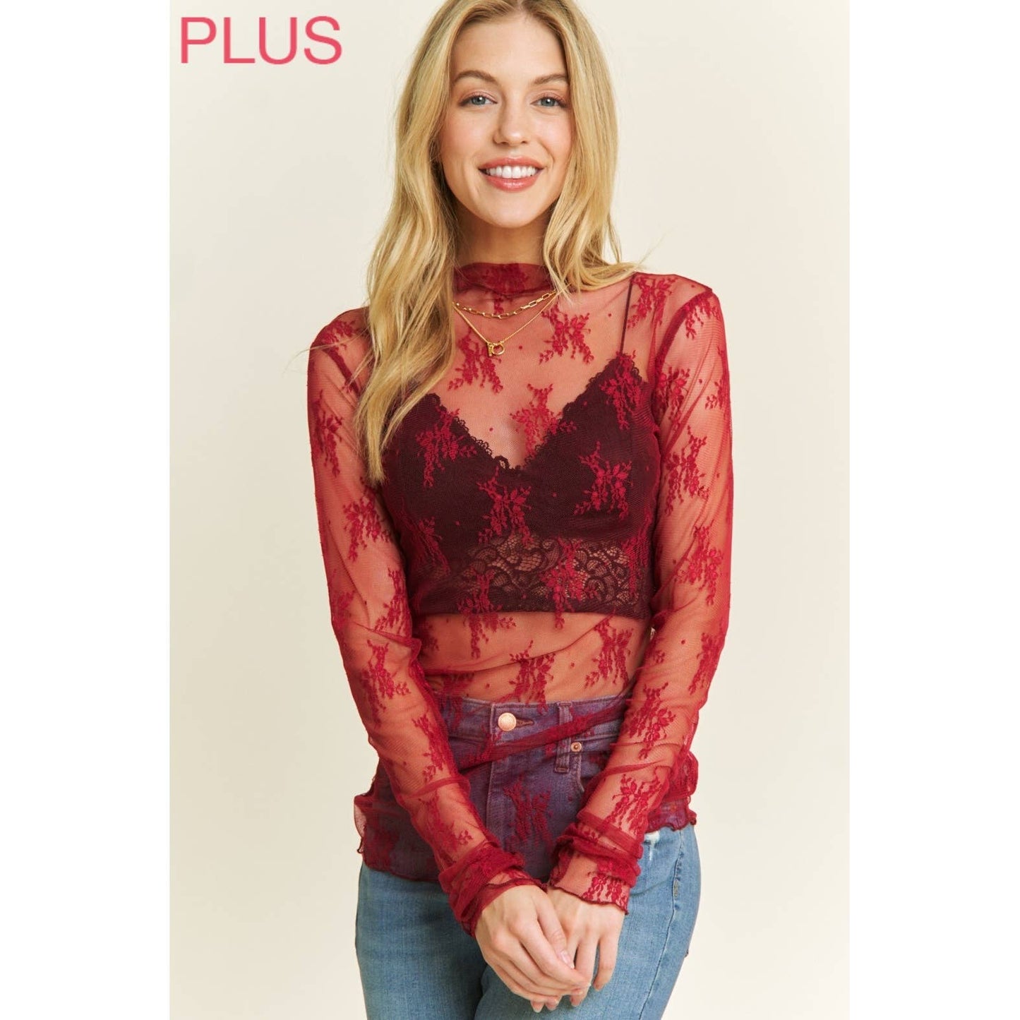 PLUS MESH LACE HIGH NECK DESIGN LONG SLEEVE FITTED TOP