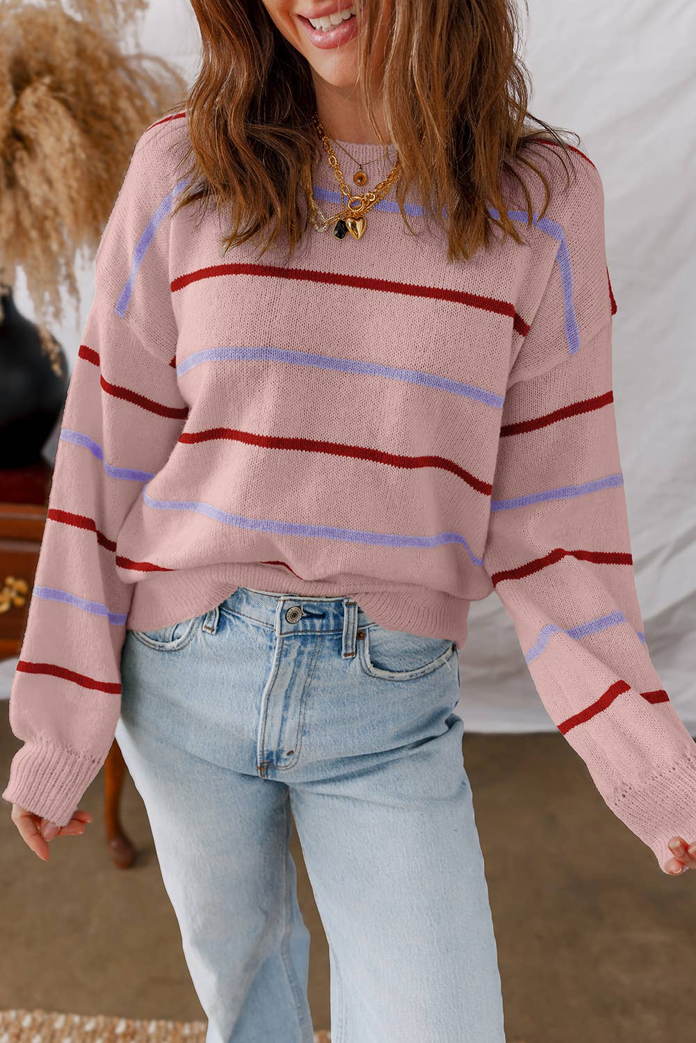 LDC Striped Ribbed Edge Drop Shoulder Sweater