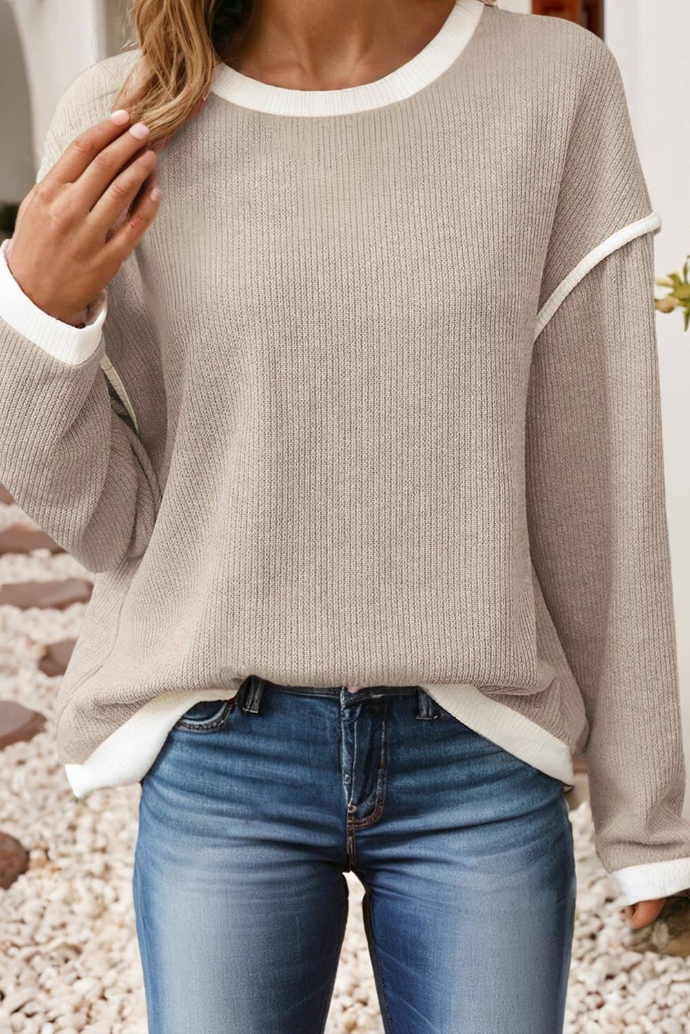 LDC Contrast Color Trim Drop Shoulder Loose Top