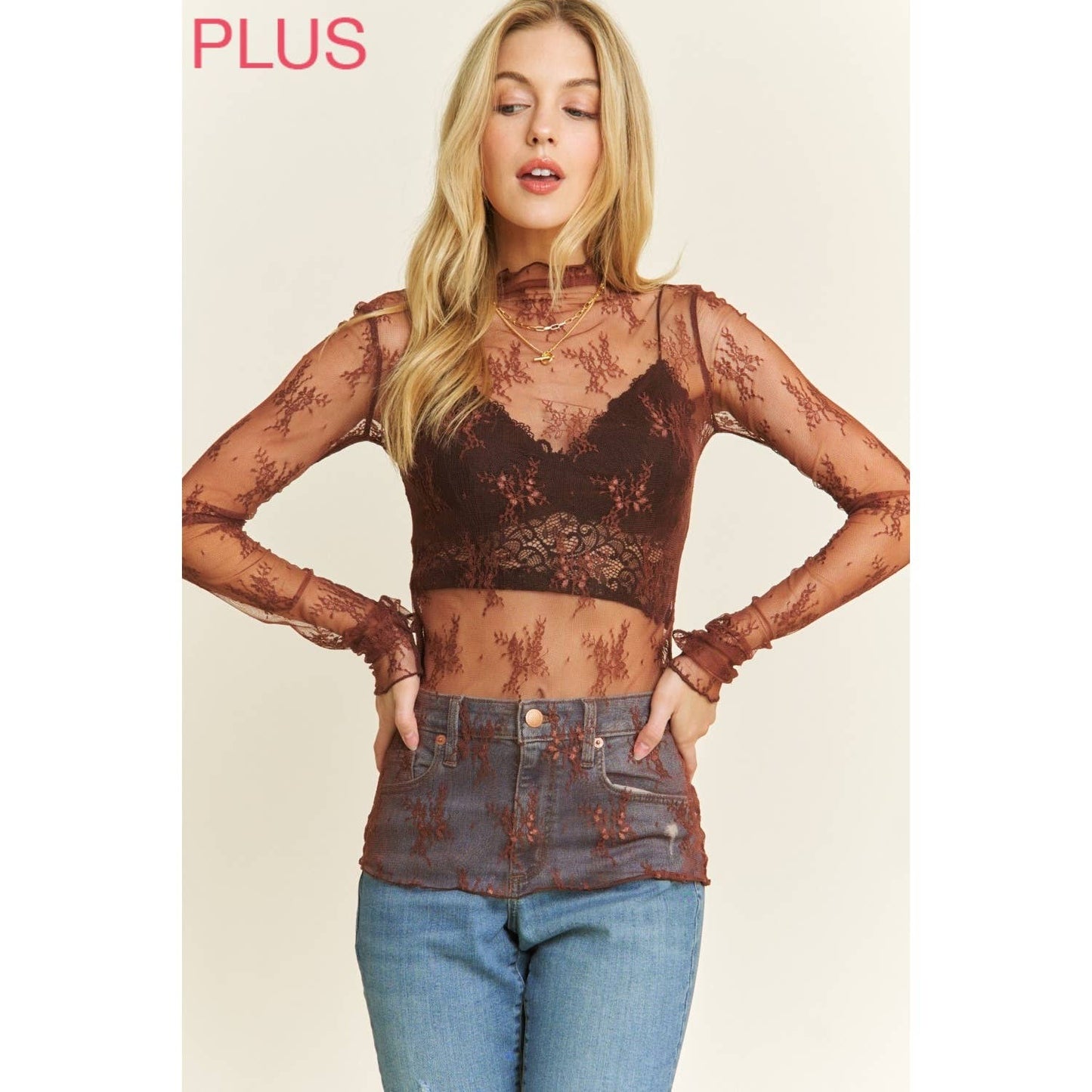 PLUS MESH LACE HIGH NECK DESIGN LONG SLEEVE FITTED TOP