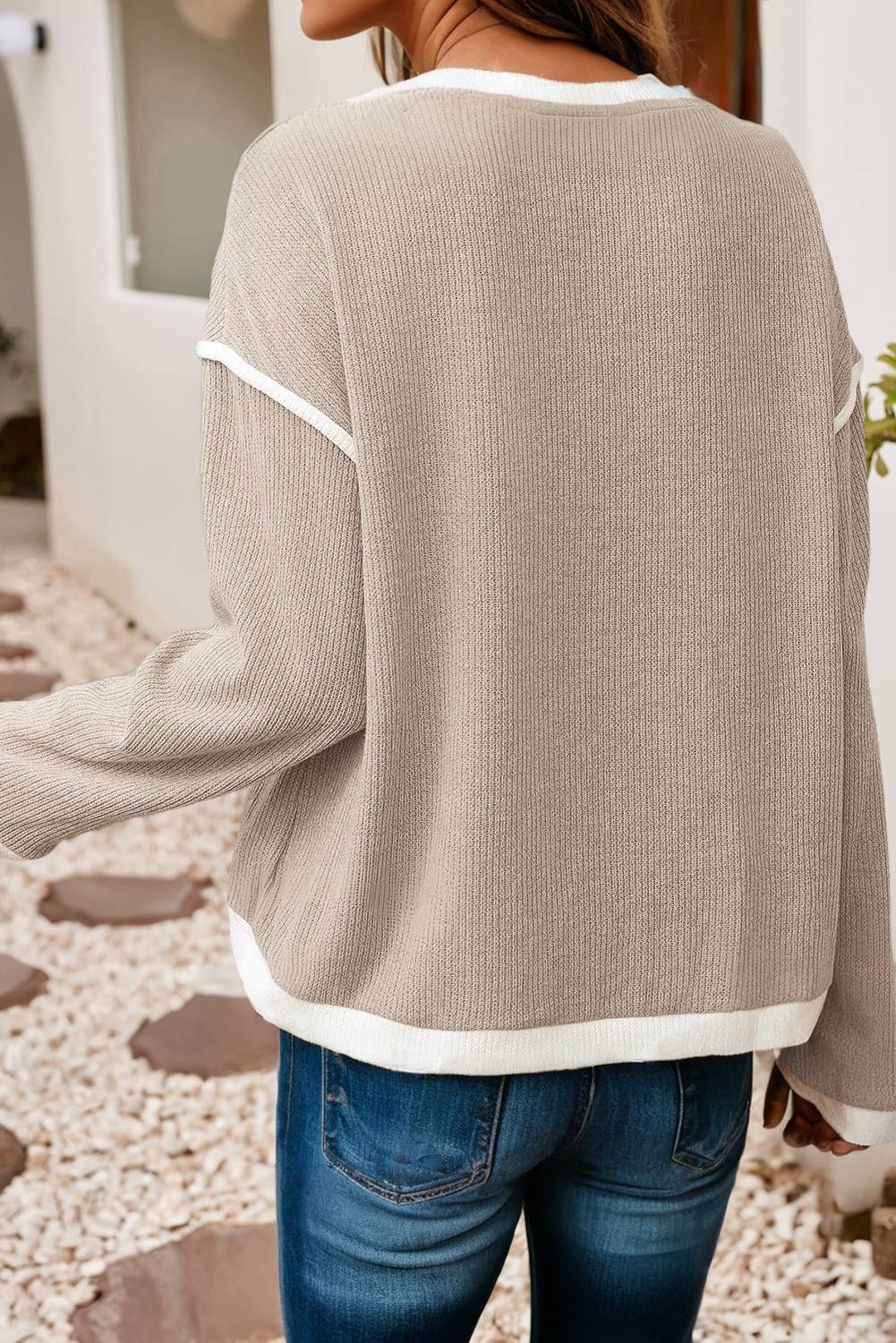 LDC Contrast Color Trim Drop Shoulder Loose Top