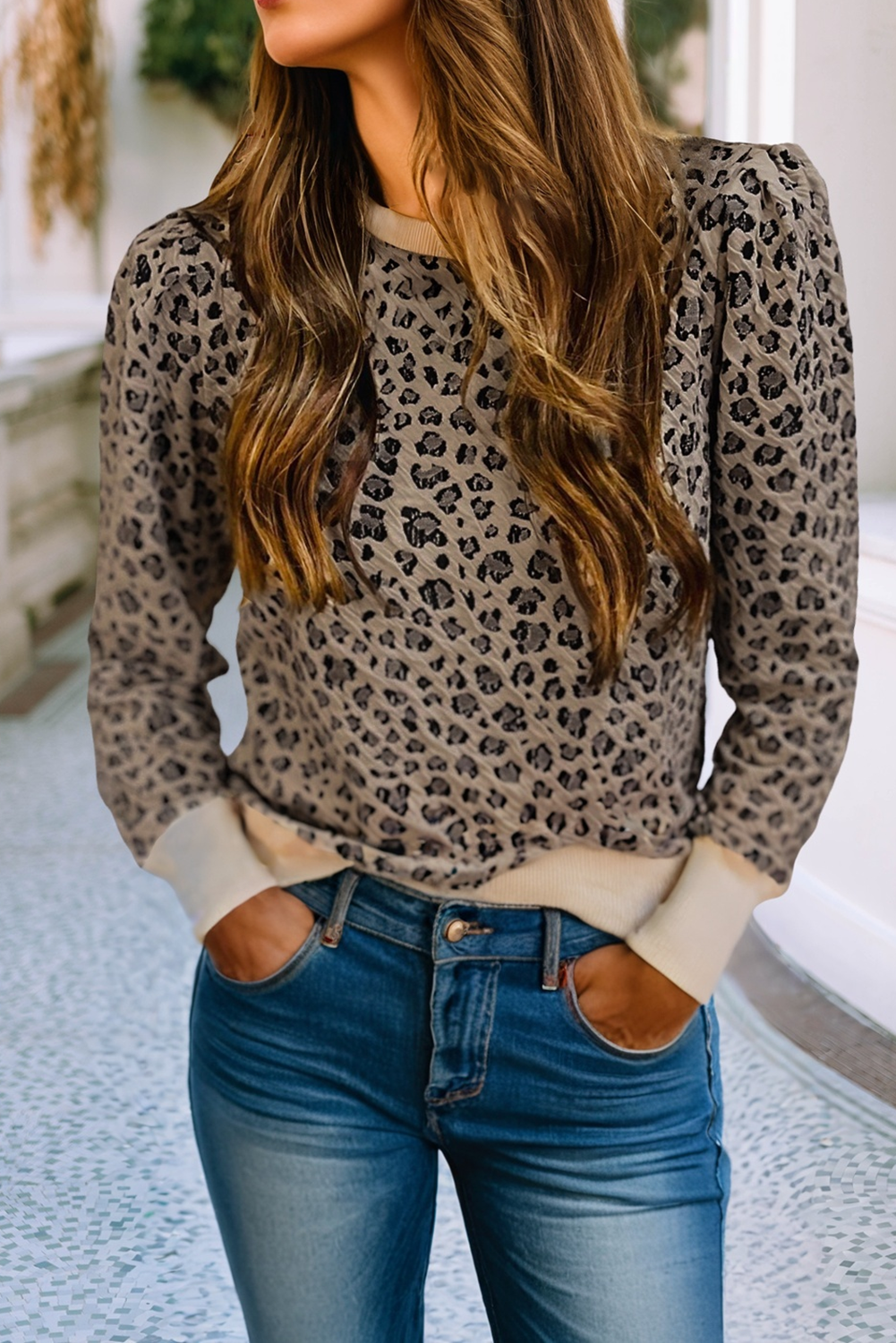 LDC Ribbed Trim Leopard Print Long Sleeve Top