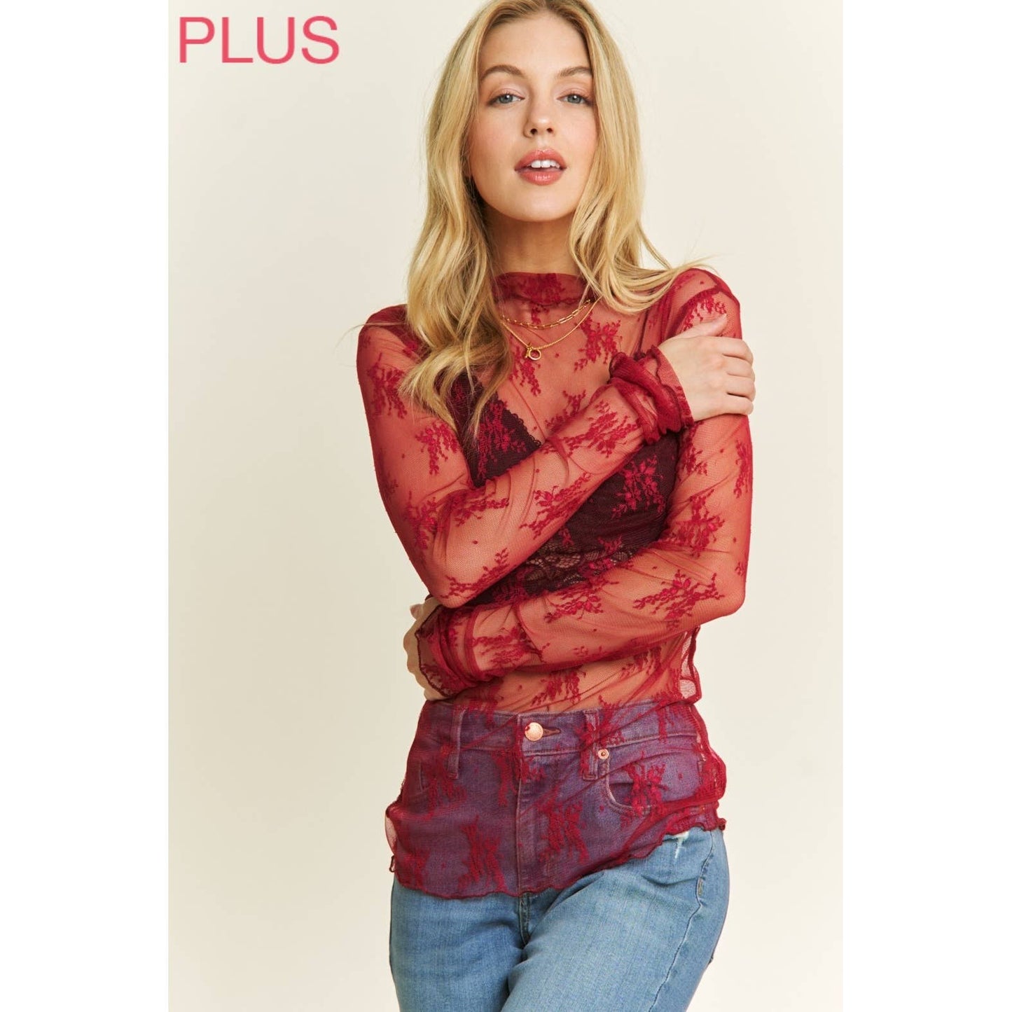 PLUS MESH LACE HIGH NECK DESIGN LONG SLEEVE FITTED TOP