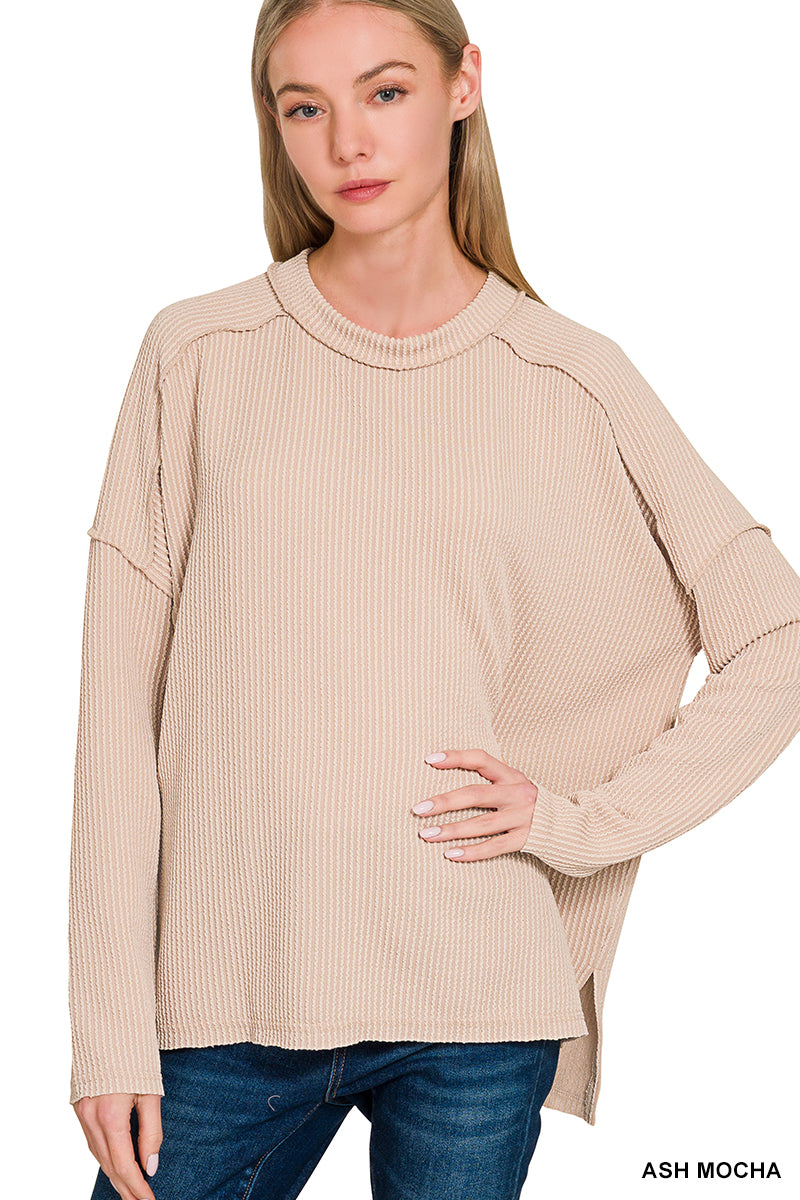 Zenana Raised Rib Raw Edge Boat Neck Long Sleeve Top