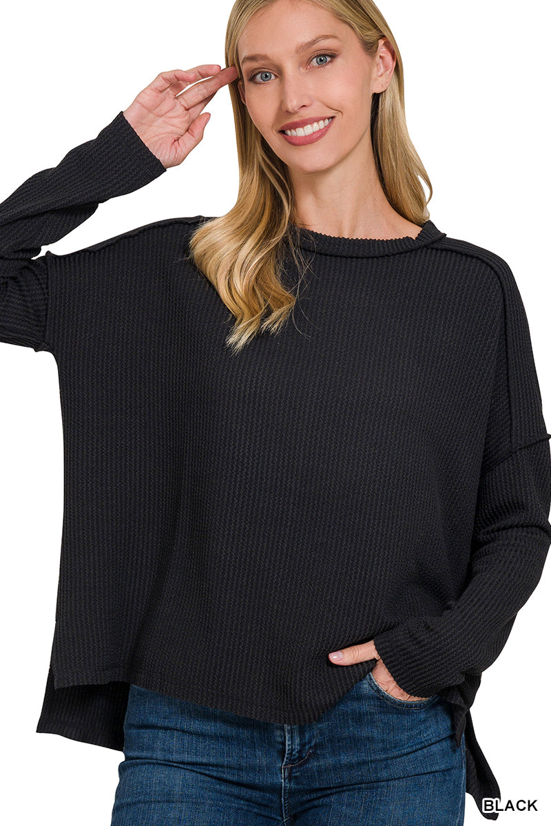Zenana Raised Rib Raw Edge Boat Neck Long Sleeve Top