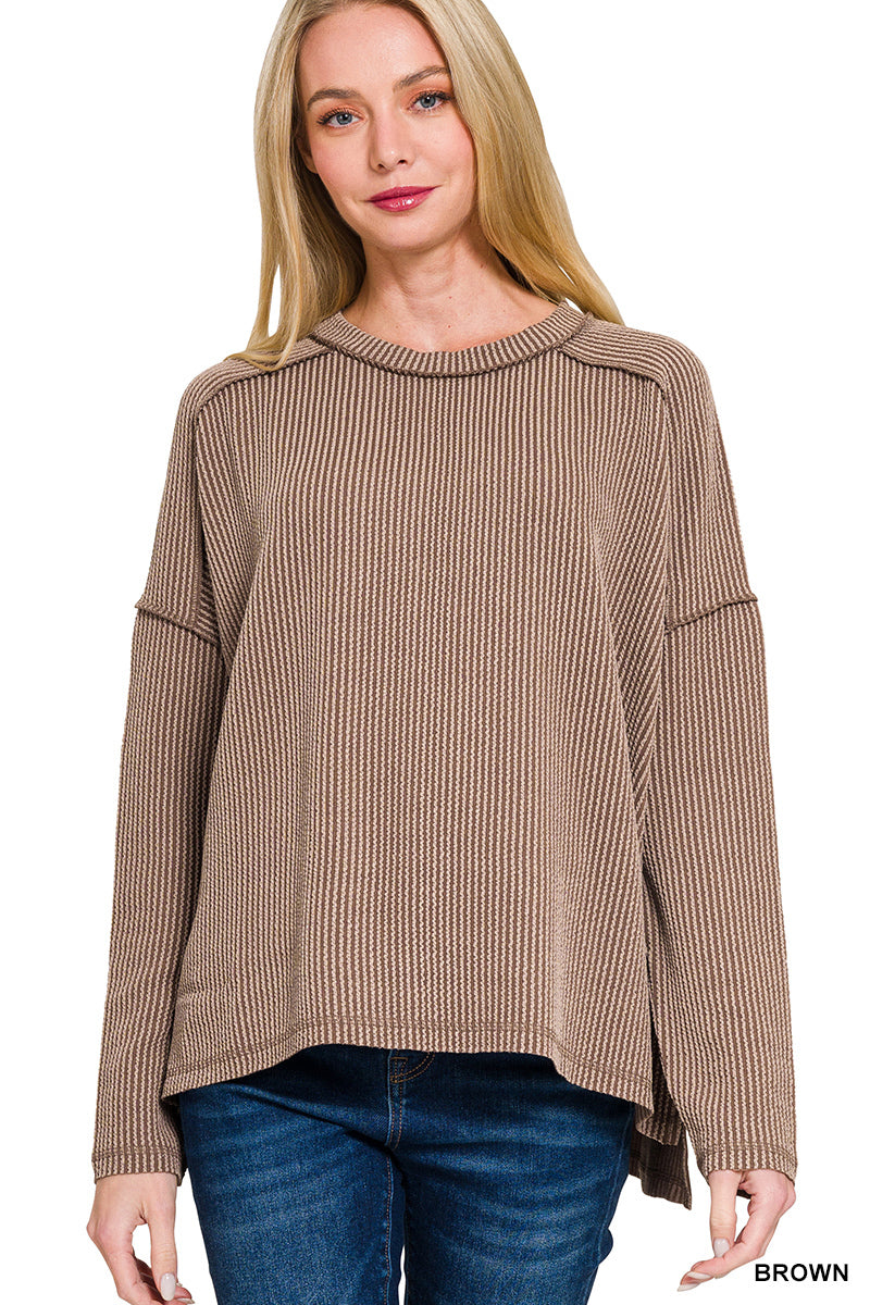 Zenana Raised Rib Raw Edge Boat Neck Long Sleeve Top