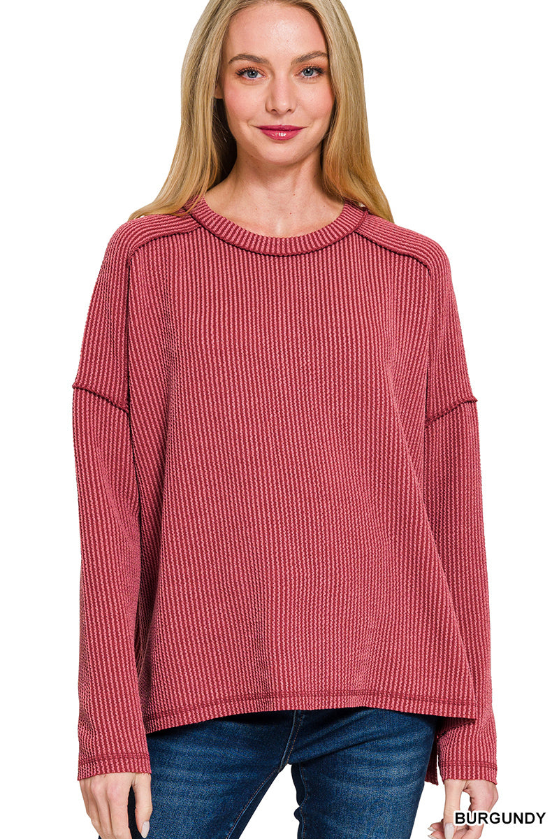 Zenana Raised Rib Raw Edge Boat Neck Long Sleeve Top