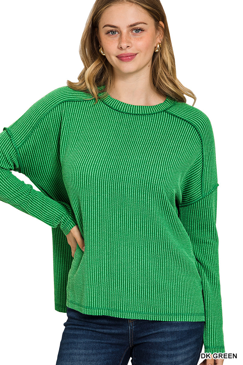 Zenana Raised Rib Raw Edge Boat Neck Long Sleeve Top