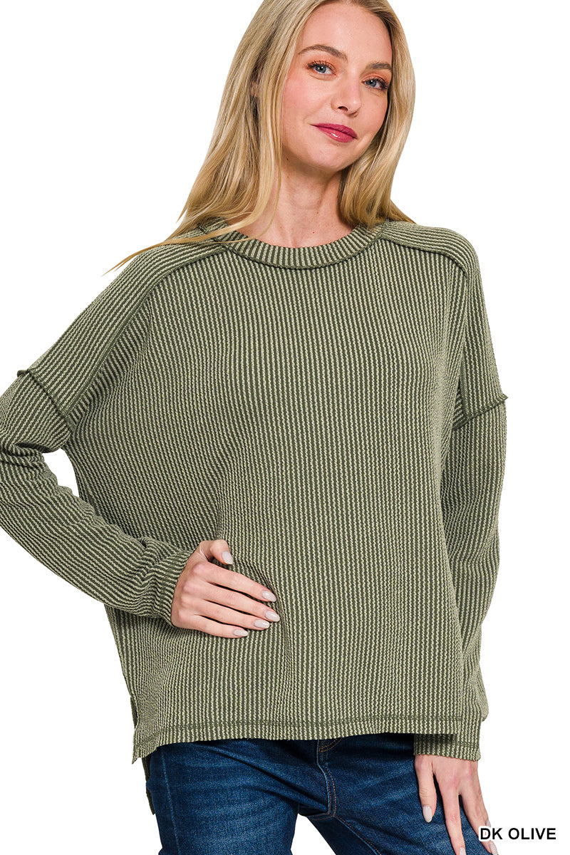 Zenana Raised Rib Raw Edge Boat Neck Long Sleeve Top