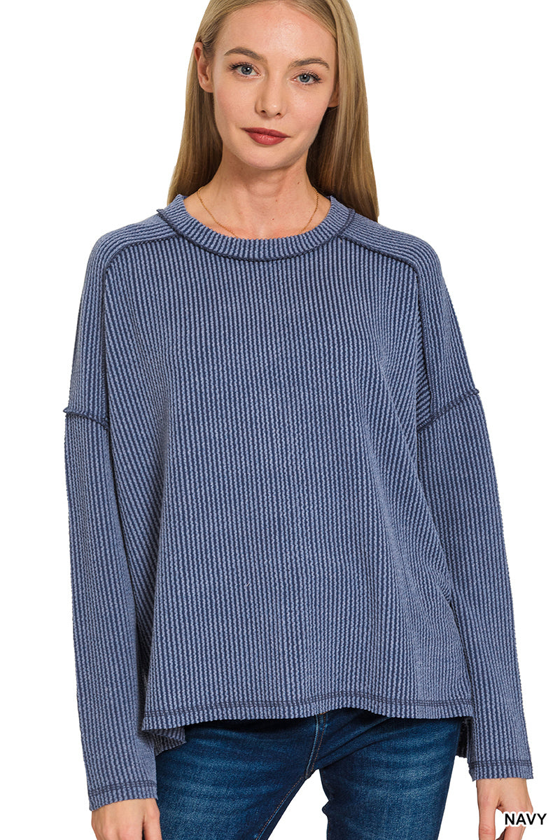 Zenana Raised Rib Raw Edge Boat Neck Long Sleeve Top
