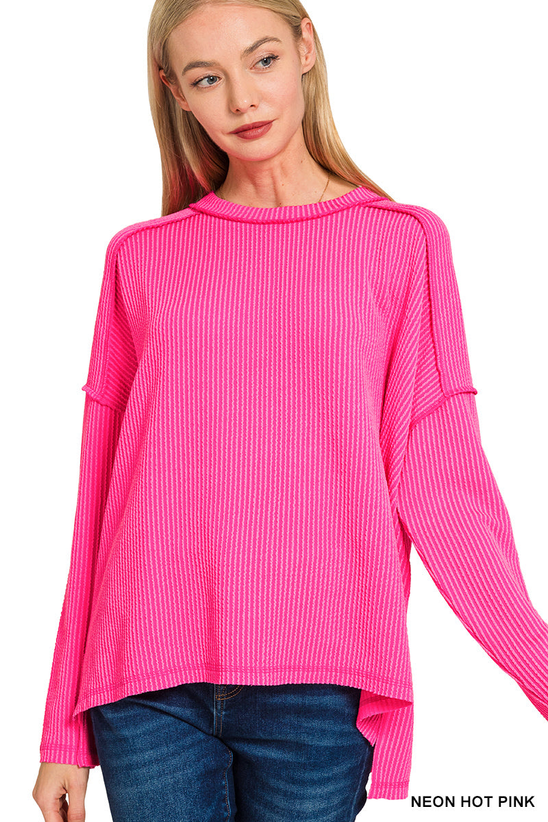 Zenana Raised Rib Raw Edge Boat Neck Long Sleeve Top