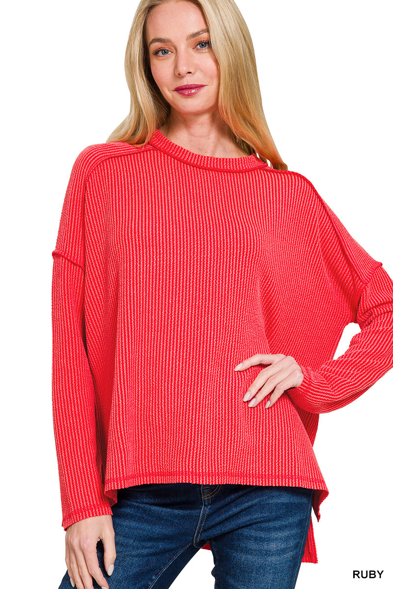 Zenana Raised Rib Raw Edge Boat Neck Long Sleeve Top