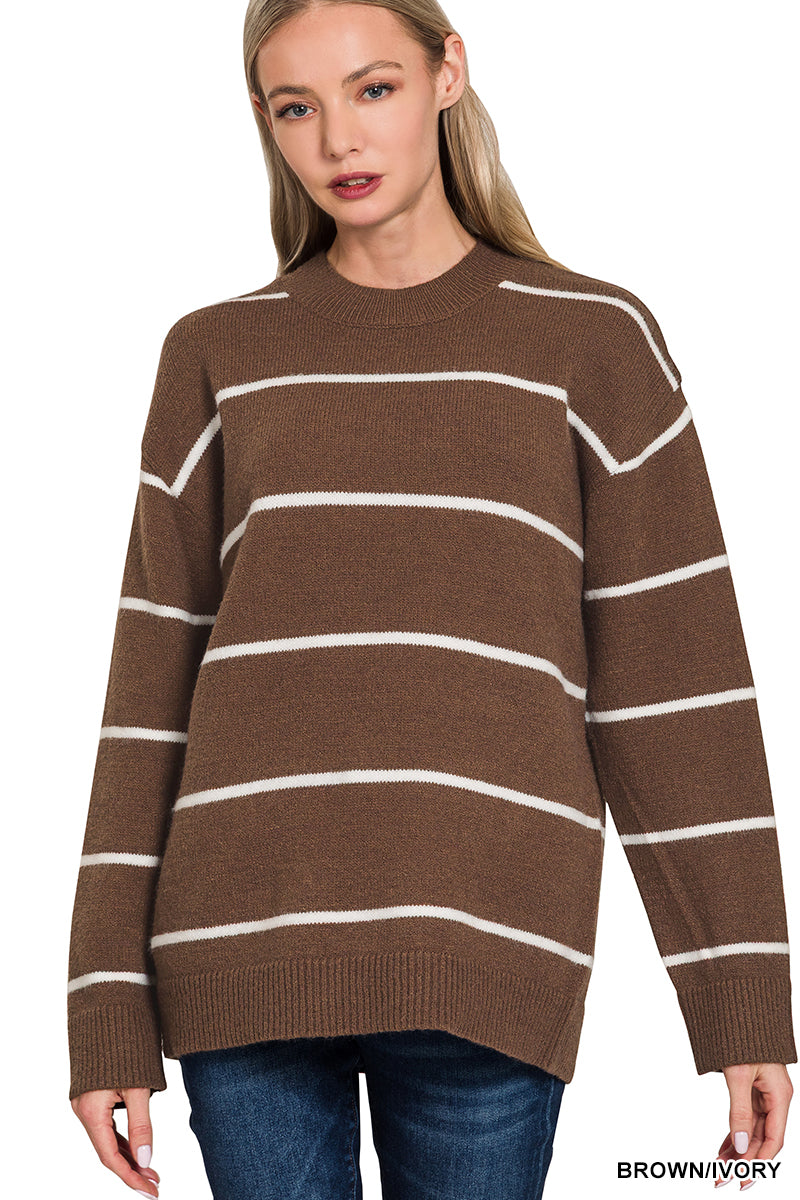 Zenana Round Neck Strip Sweater
