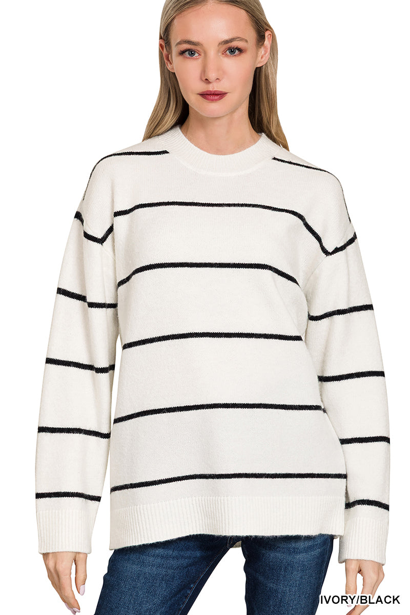 Zenana Round Neck Strip Sweater