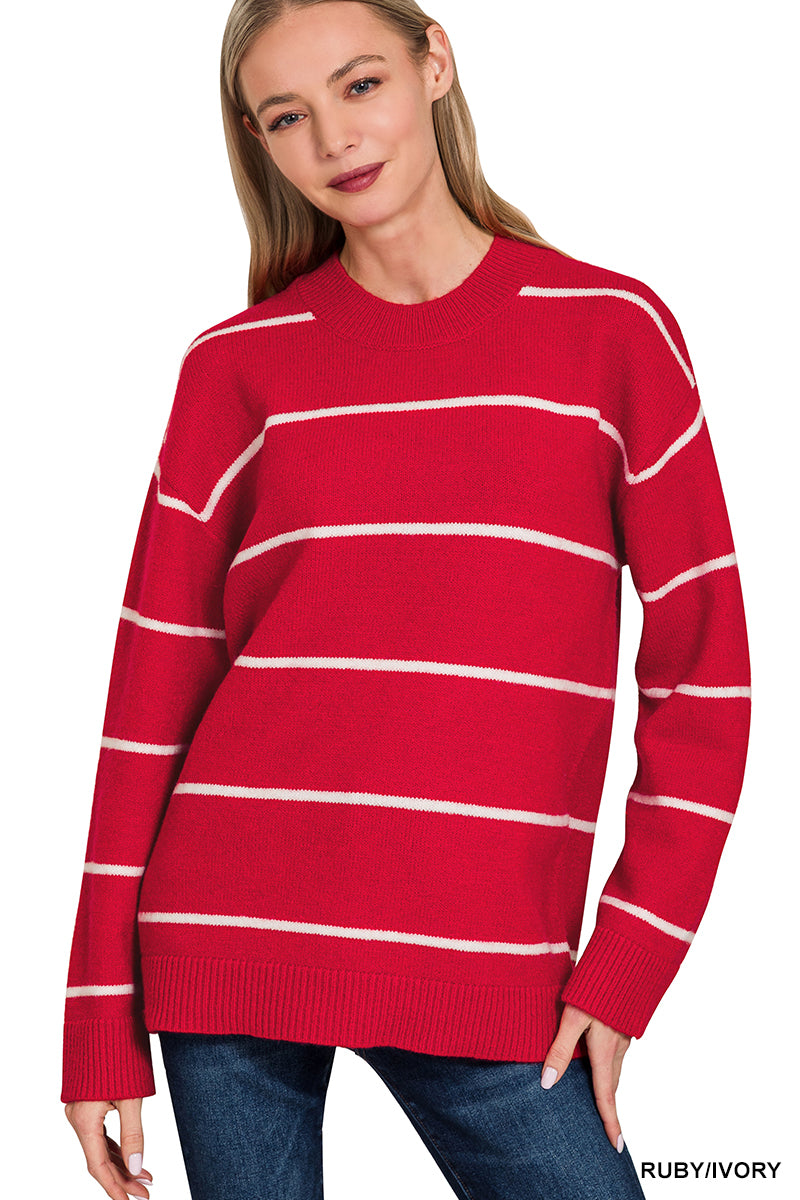 Zenana Round Neck Strip Sweater