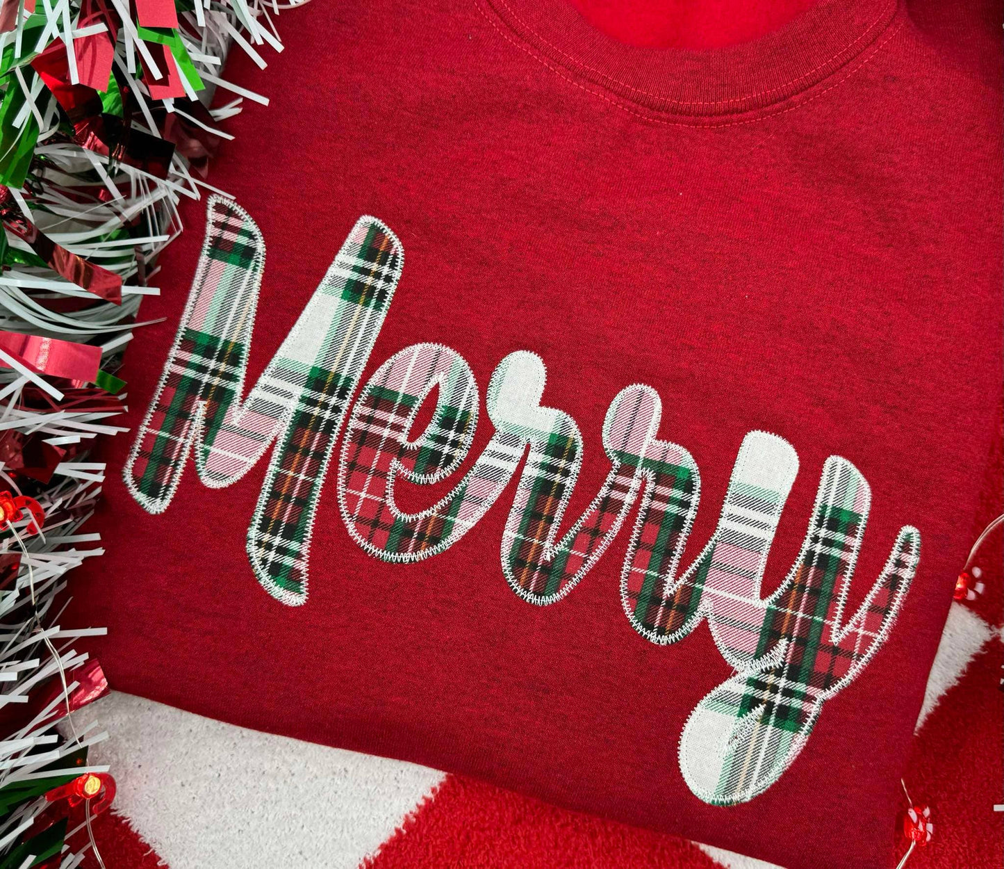 Plaid Christmas Cursive Merry Embroidered Crew