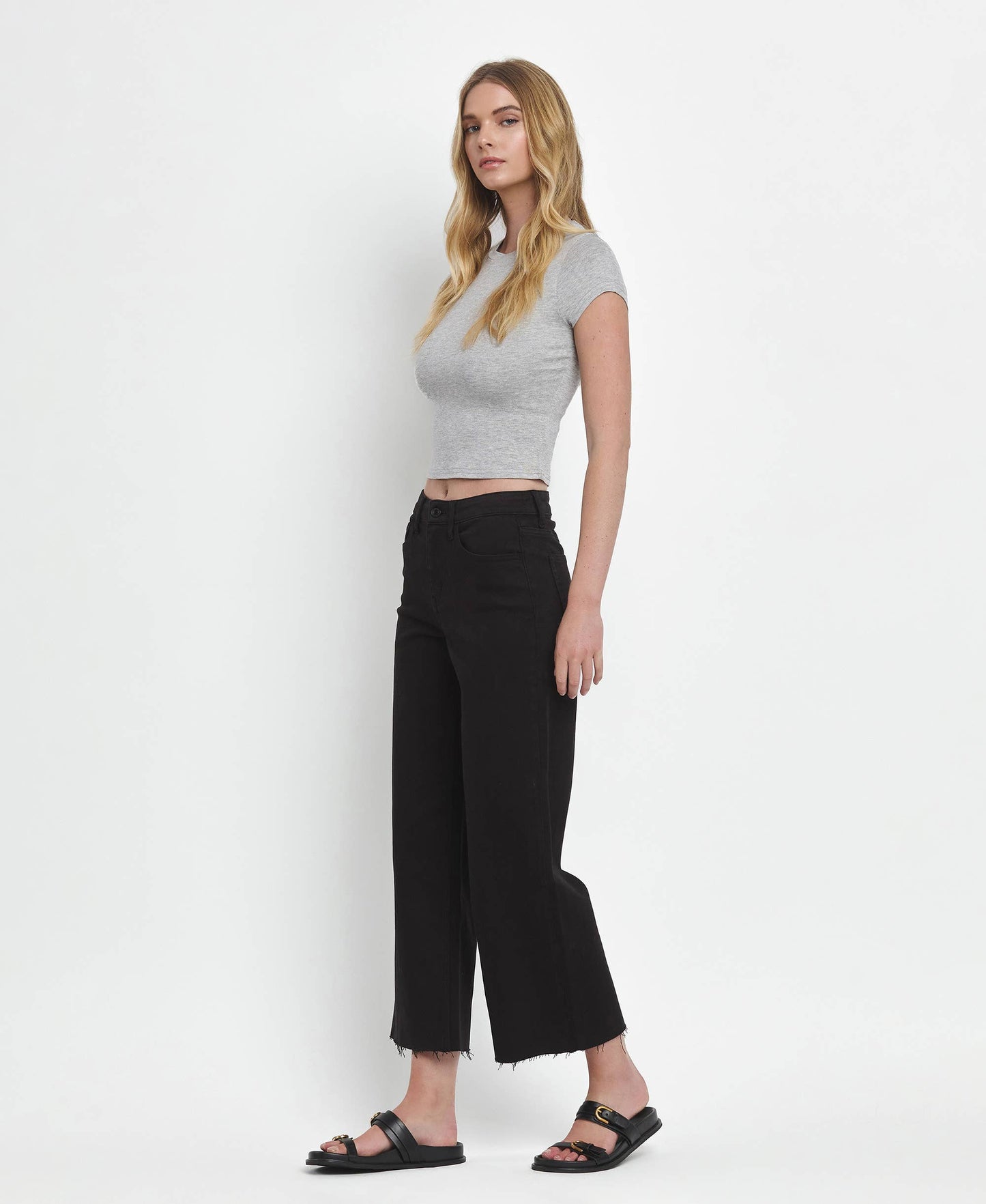 HIGH RISE CROP WIDE LEG JEANS T5894BK