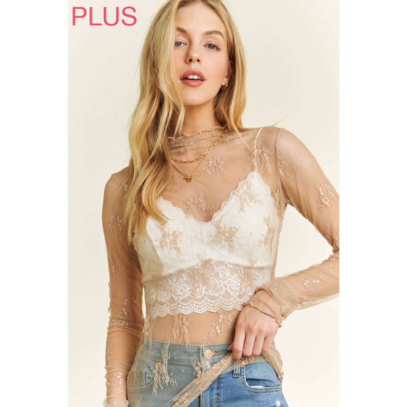 PLUS MESH LACE HIGH NECK DESIGN LONG SLEEVE FITTED TOP