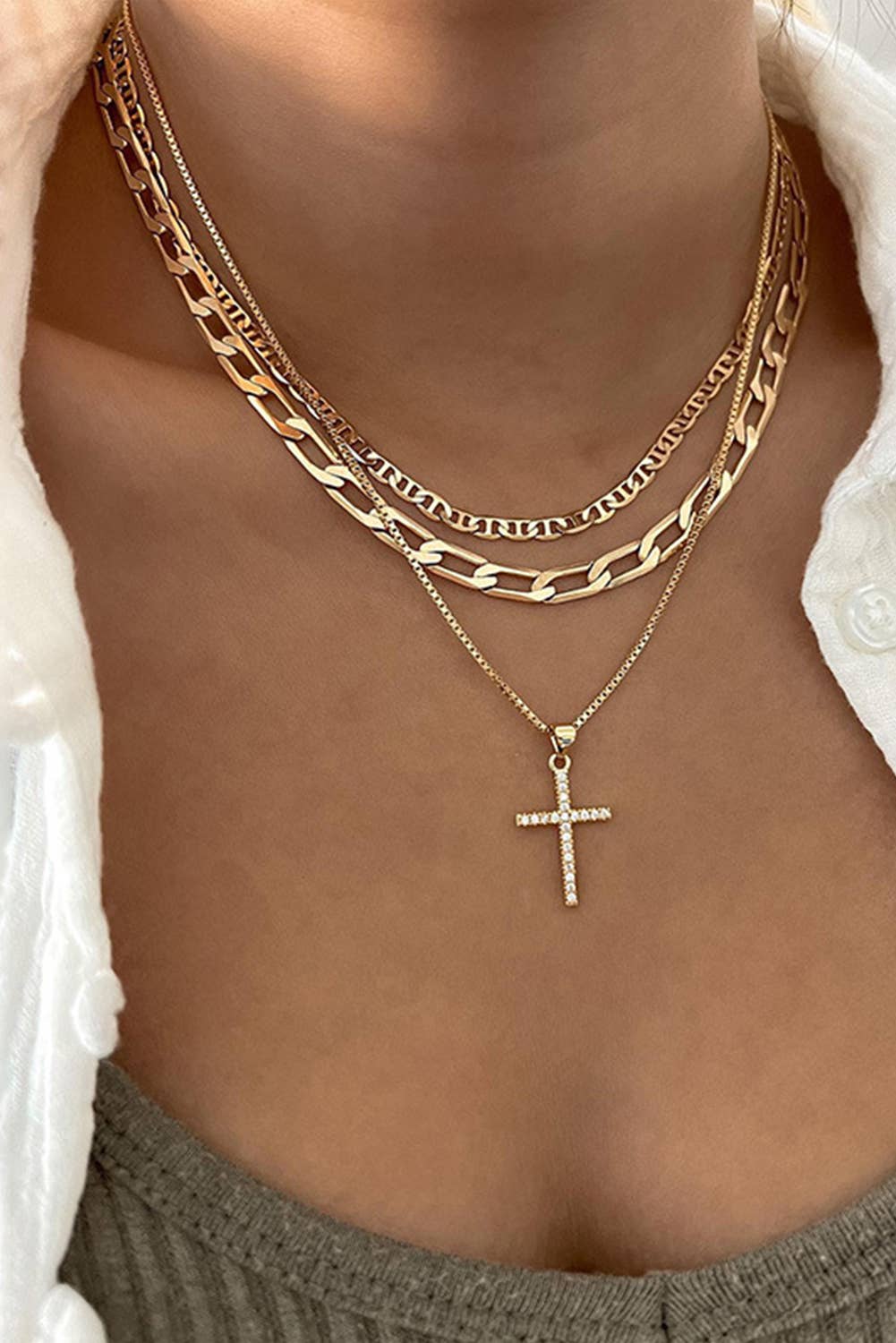 LDC Plated Cross Pendant Multi Layer Stacked Chains Necklace