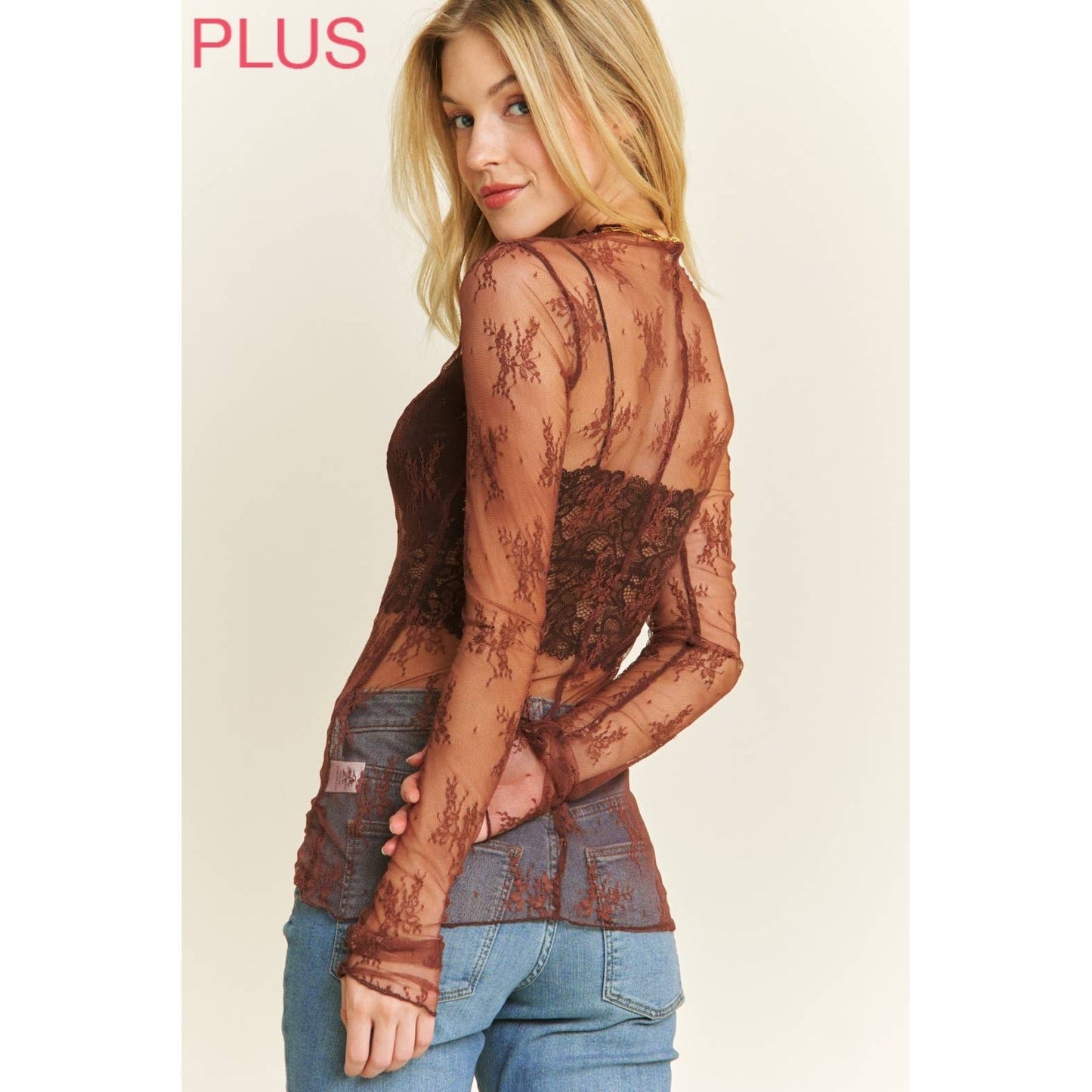 PLUS MESH LACE HIGH NECK DESIGN LONG SLEEVE FITTED TOP