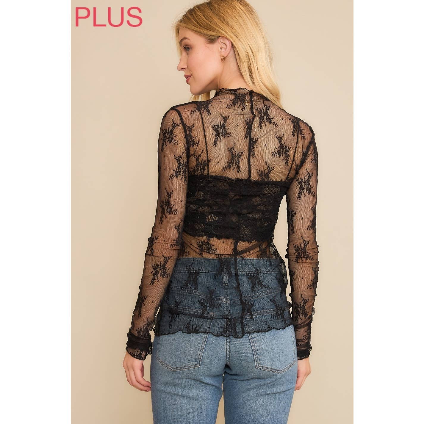 PLUS MESH LACE HIGH NECK DESIGN LONG SLEEVE FITTED TOP