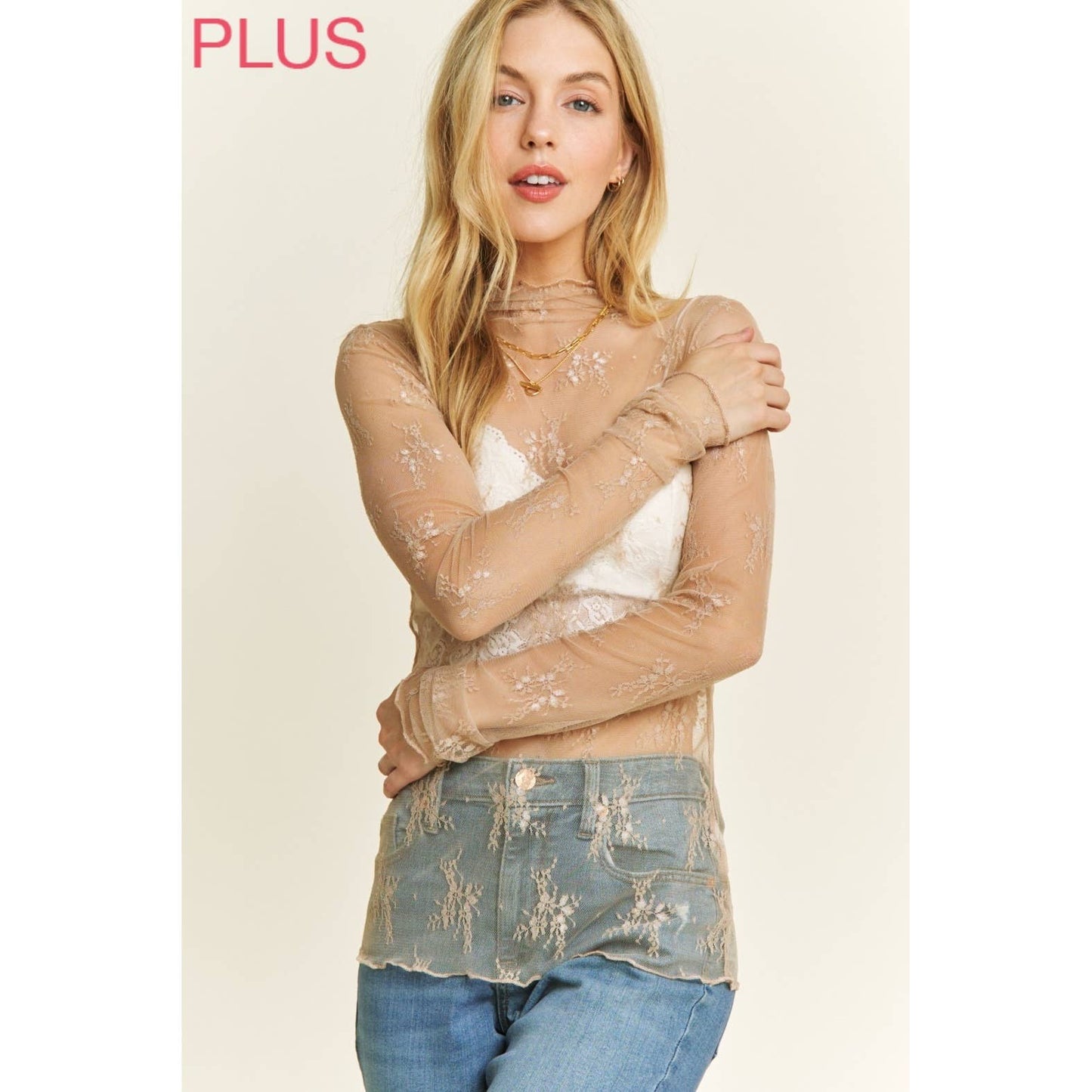 PLUS MESH LACE HIGH NECK DESIGN LONG SLEEVE FITTED TOP