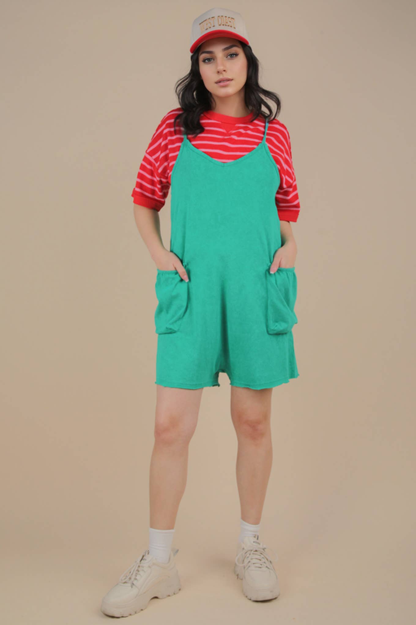 NP70359-Mineral Washed Sleeveless Casual Knit Romper