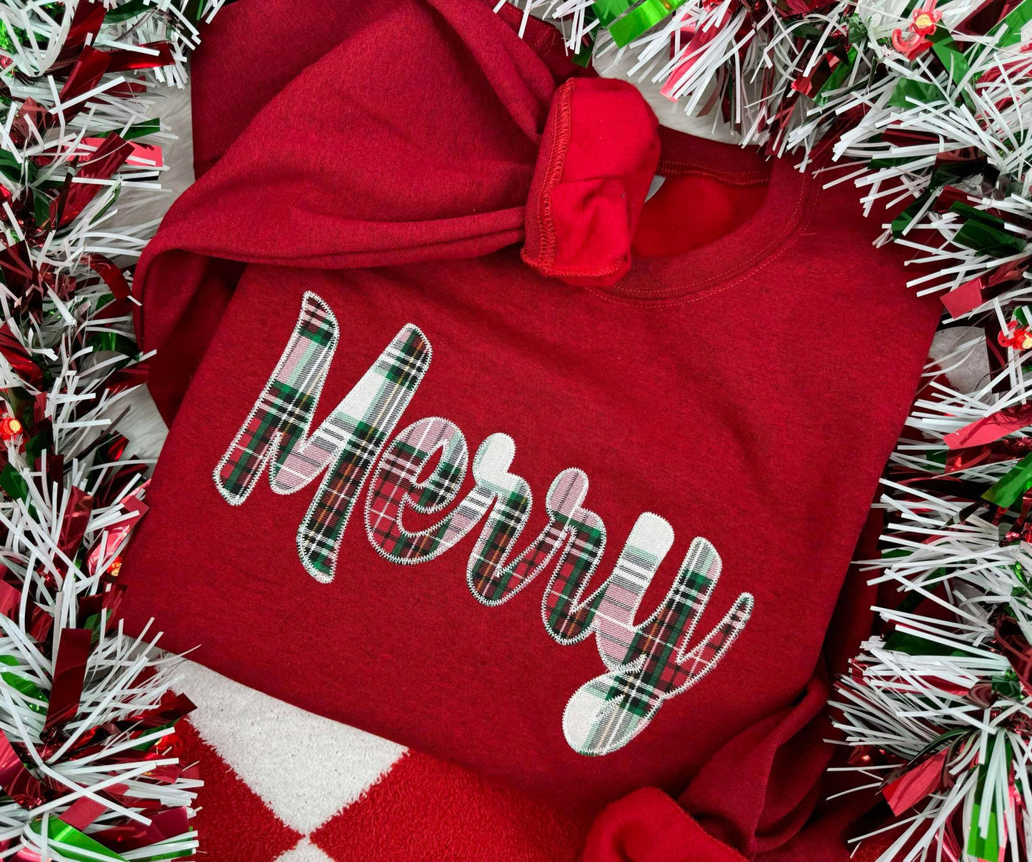 Plaid Christmas Cursive Merry Embroidered Crew