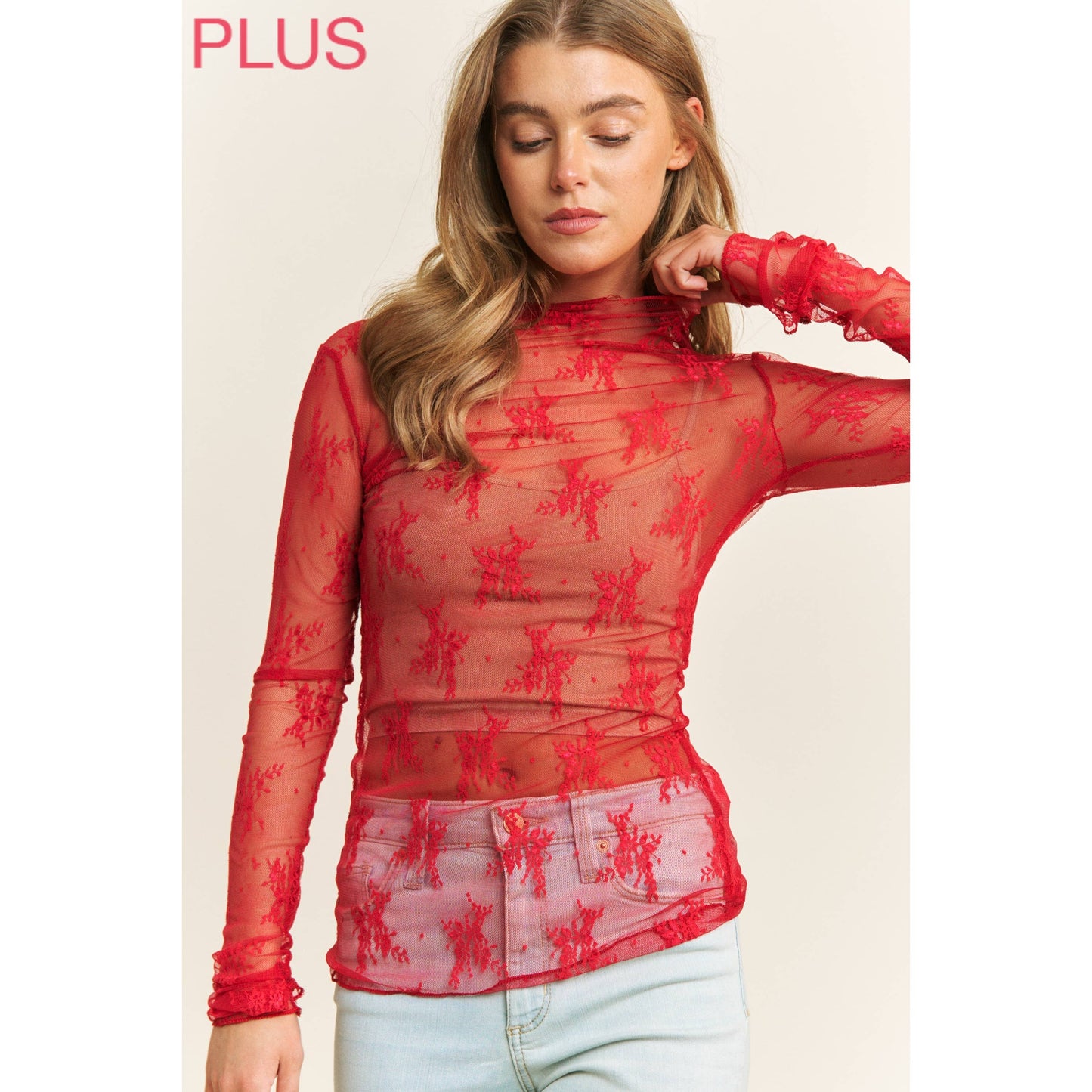 PLUS MESH LACE HIGH NECK DESIGN LONG SLEEVE FITTED TOP