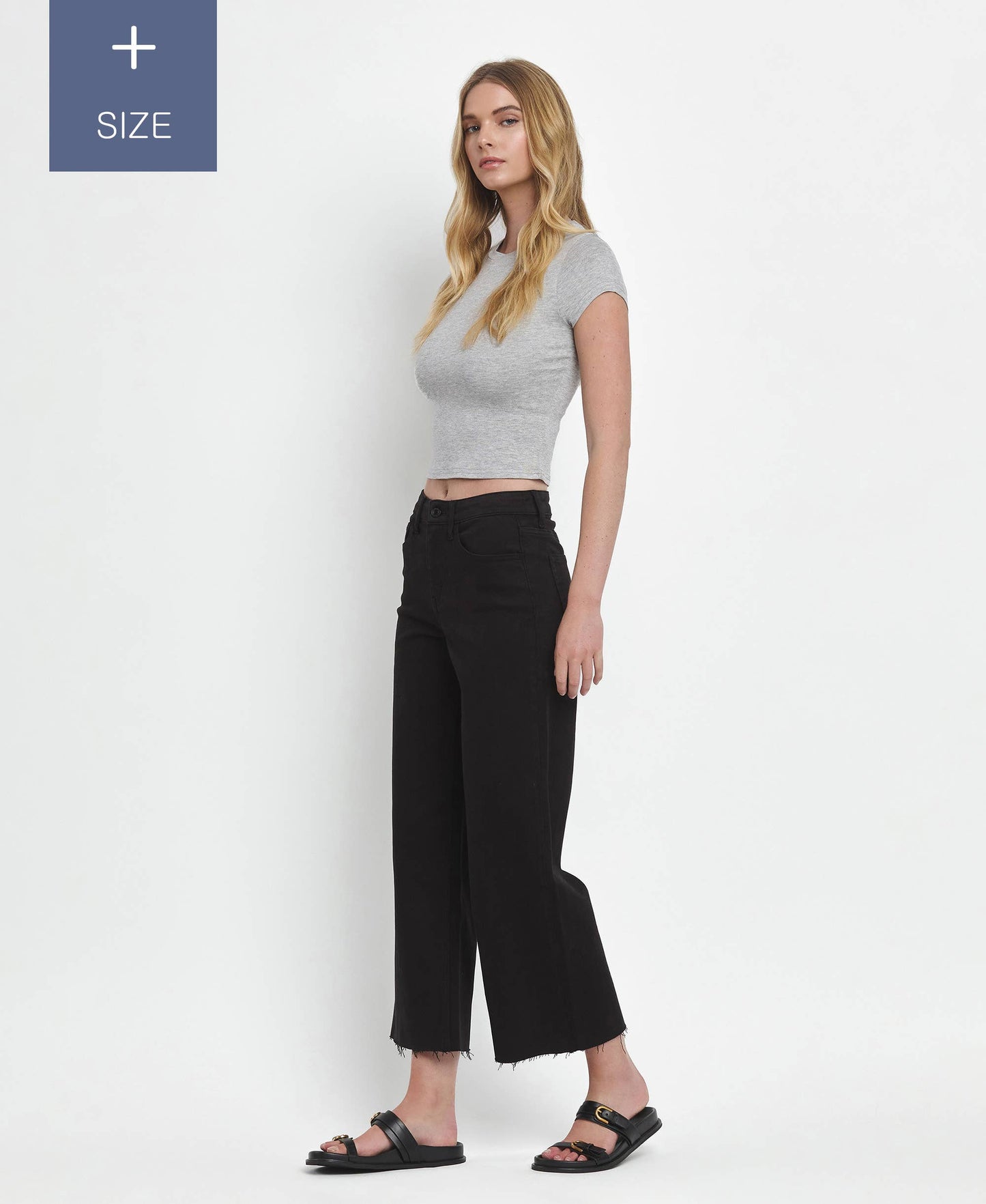PLUS SIZE HIGH RISE CROP WIDE LEG JEANS T5894BK-P