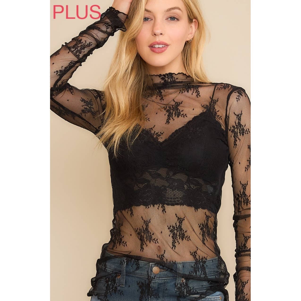 PLUS MESH LACE HIGH NECK DESIGN LONG SLEEVE FITTED TOP